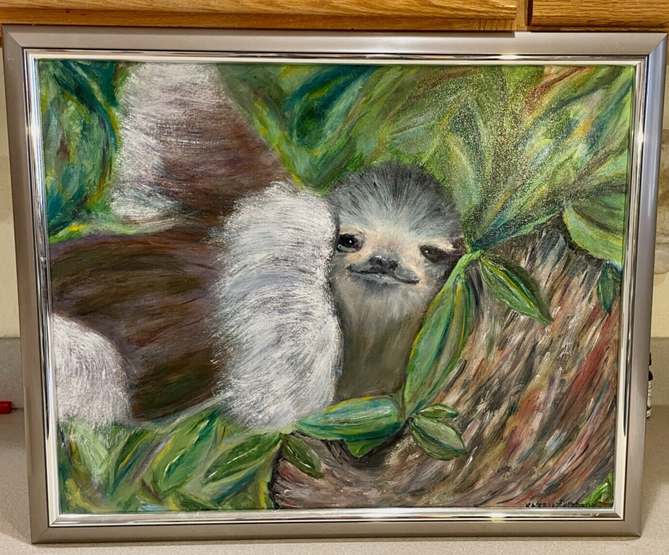 Sloth Original Oil Painting By Karen Zumbrun Oil on Board Framed 16 x 20″