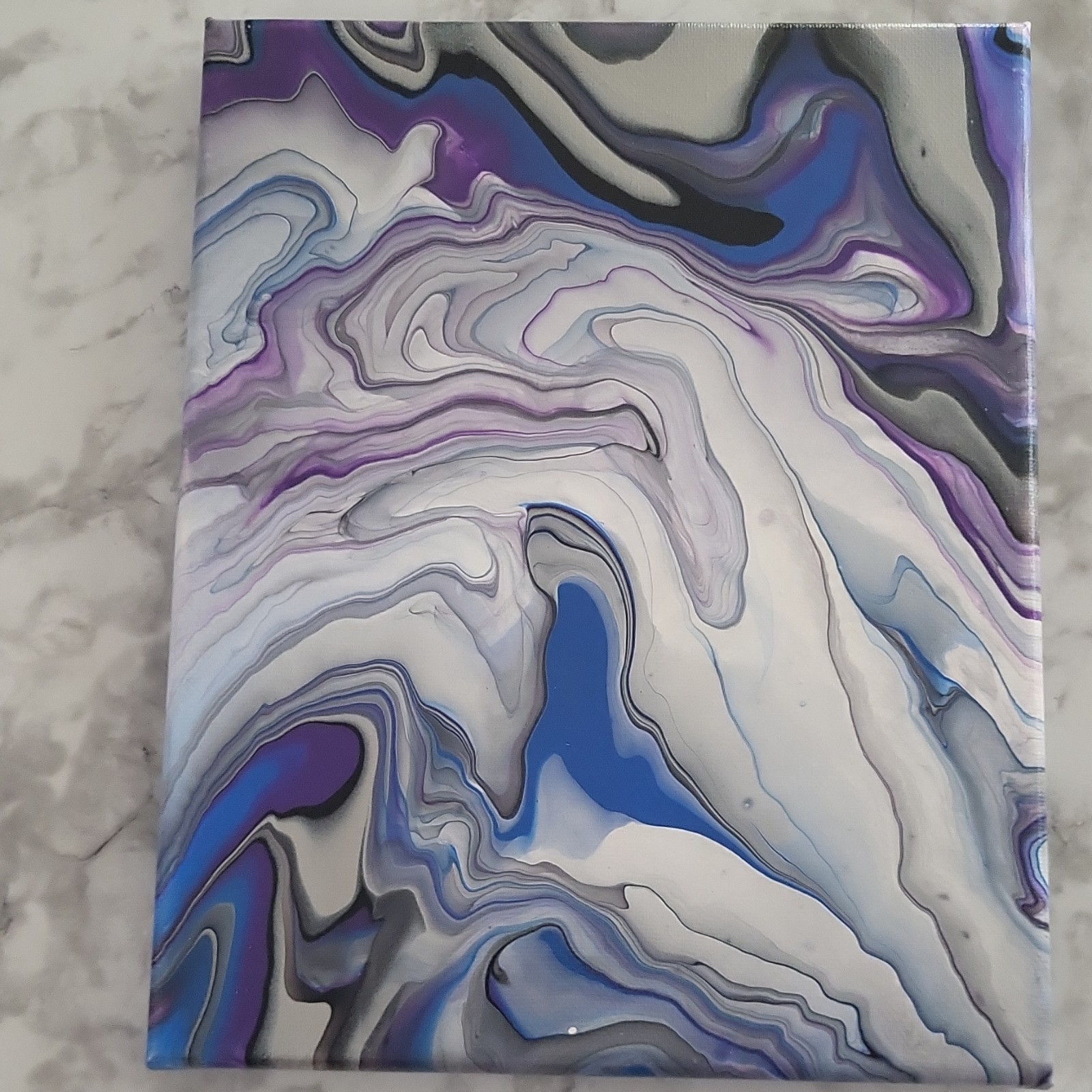 Abstract Fluid Art Acrylic Pour Painting on Canvas, Purple Blue Gray White