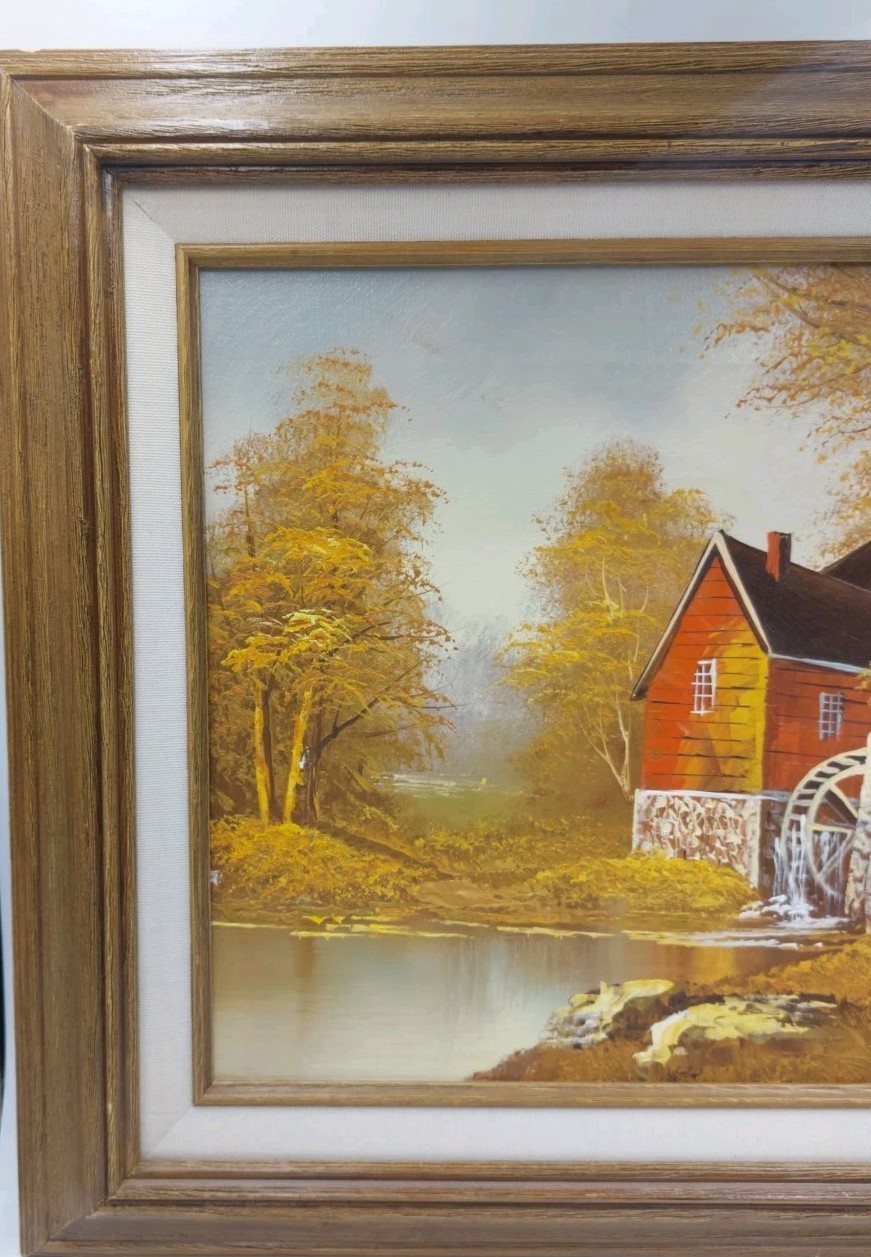Vintage MCM Original Robert Moore Oil Painting of Old Mill in Autumn – Framed