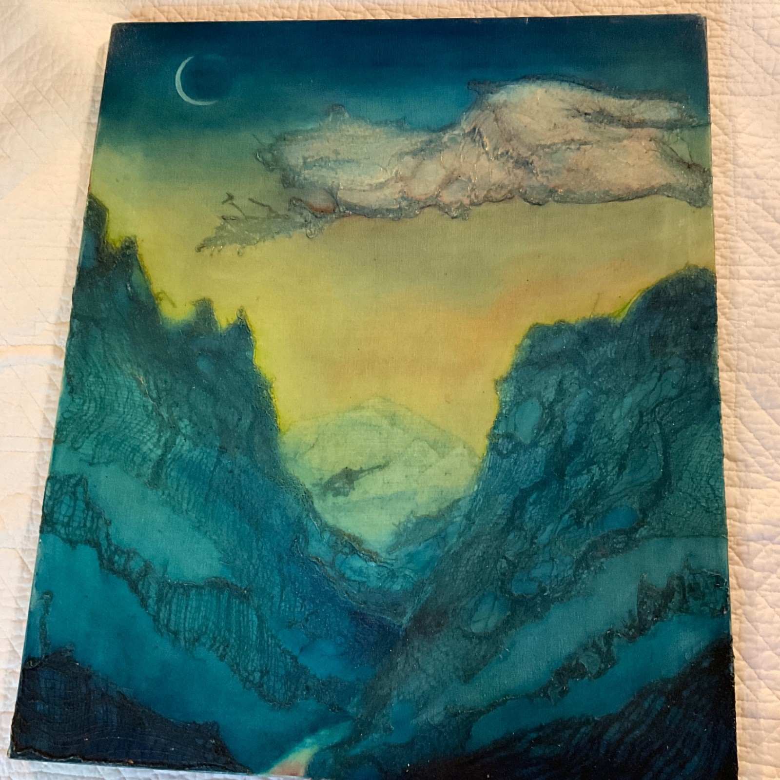 VINTAGE original hand painted oil Painting collage fantasy mystical mountains