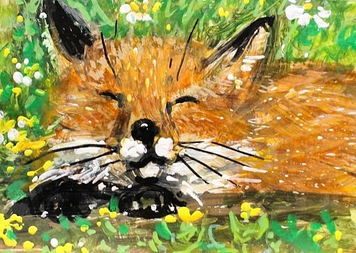 ORIGINAL ACEO Painting Red FOX Spring Flowers Landscape Animal Wild Nature ART