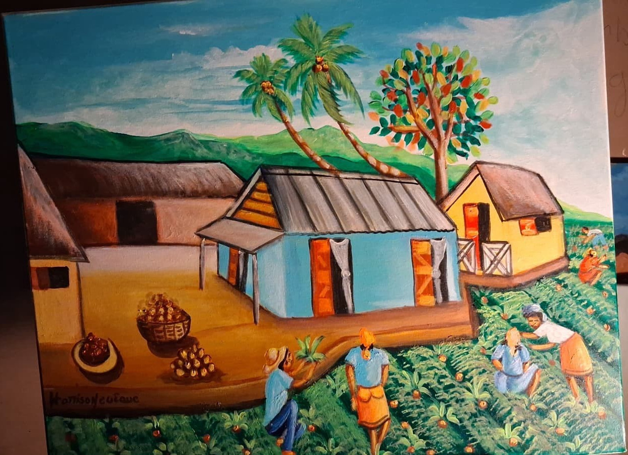 morison ceceue Folk Art Acrylic Painting Farming Community Houses Signed Canvas
