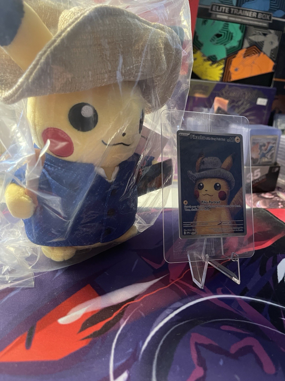 Sealed pikachu with grey felt hat with plushy and van Gogh PikachuCanvasPainting