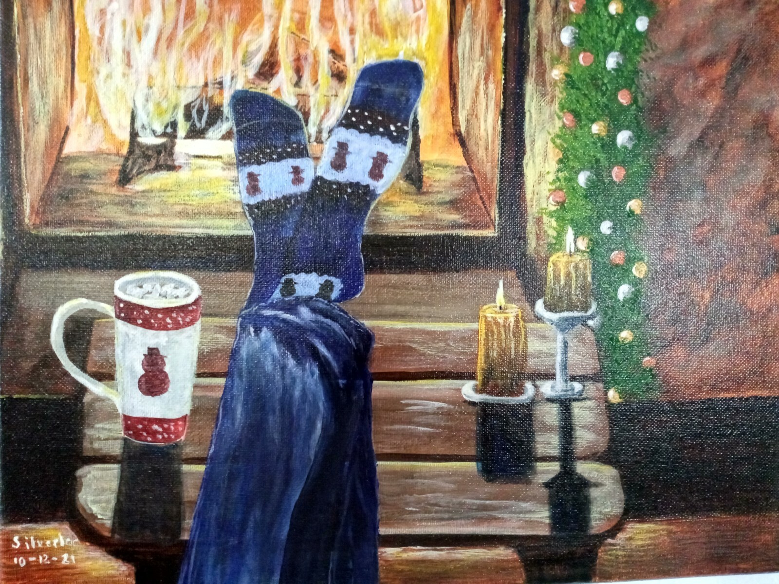 Unique Original Acrylic Snowmen Candles Fireplace » Cozy for Christmas» 11×14