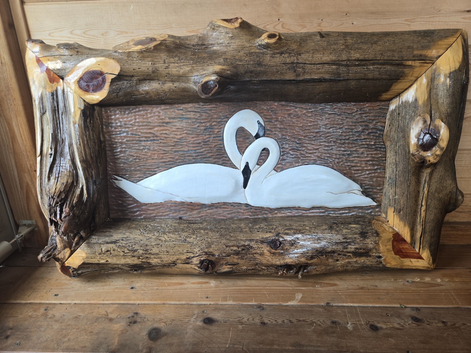 One Of A Kind Leather Punched And Real Wood Log Framed Swan Wall Hanging.