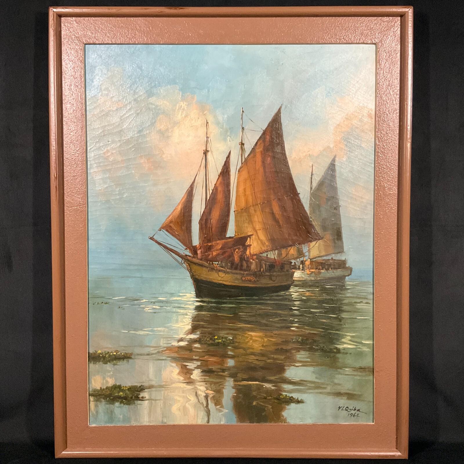 Vintage Framed Large Original Impressionist Seascape Oil on Canvas «Sailboats»