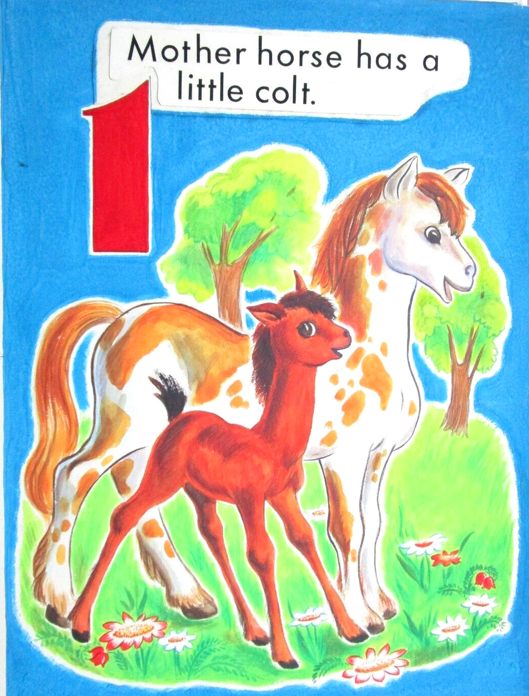 CHILDREN’S BOOK PAINTING 1950s HORSE – COUNT THE ANIMALS ORIGINAL drawing art