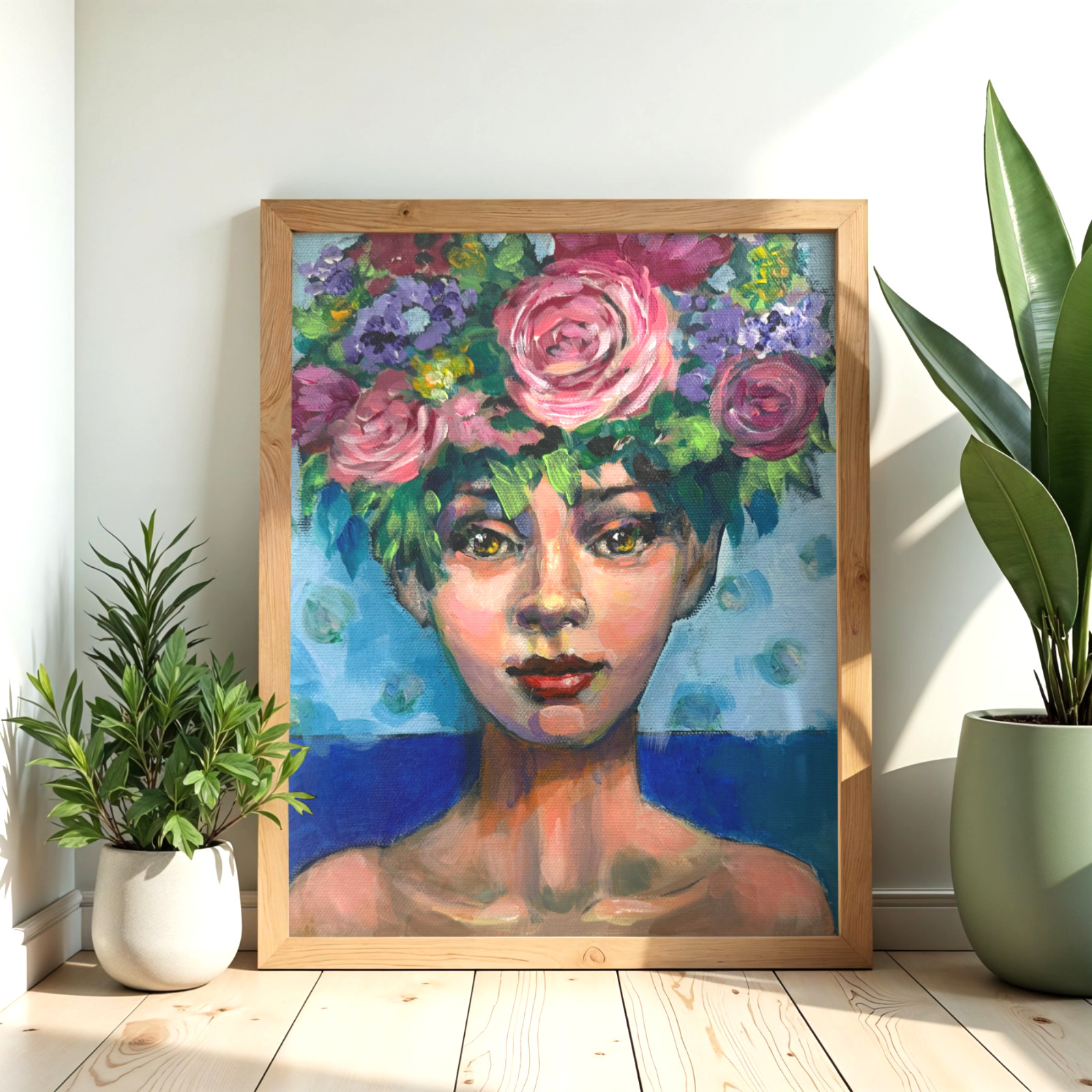 Original Floral Portrait Painting Woman w/ Flower Crown Acrylic 8×10 OOAK Signed