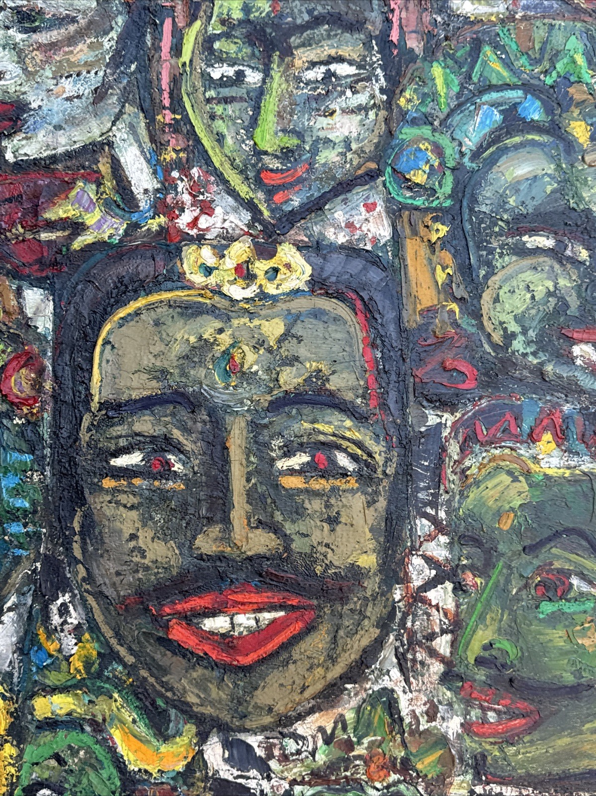 MID CENTURY PAINTING PORTRAIT ABSTRACT MODERNIST FACES HEADS ASIA INDIA MYSTERY