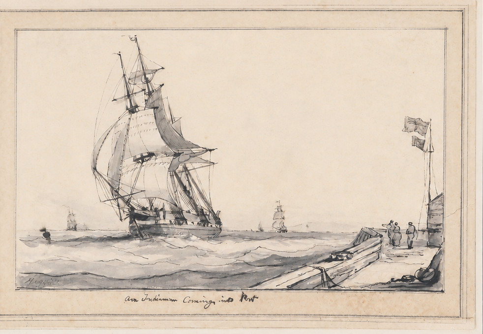William John Huggins 1820 East Indiaman Ship Pen Ink Wash Drawing Marine Art