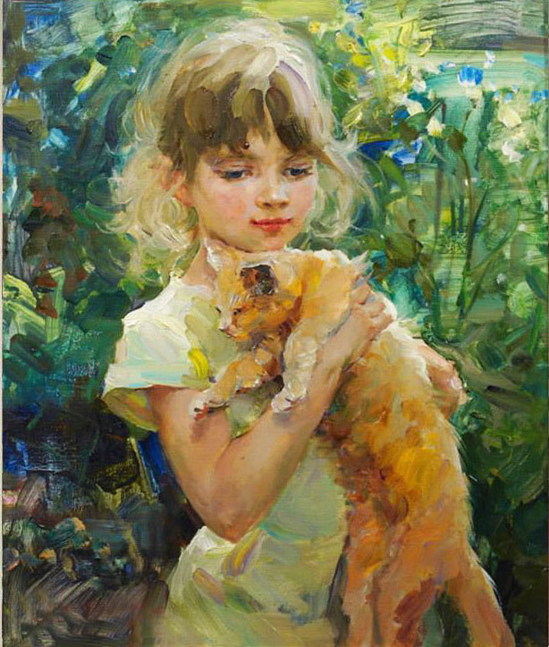 Art oil painting beautiful charm little girl with cat landscape hand painted