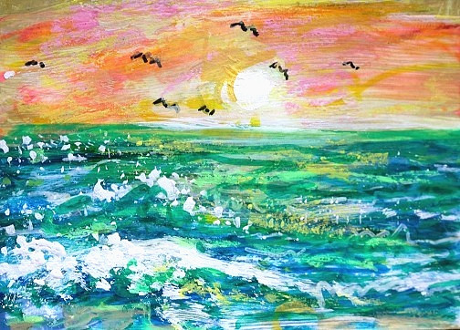 ORIGINAL ACEO Painting OCEAN Beach Waves Birds Sunset Summer Shore Sea ATC ART