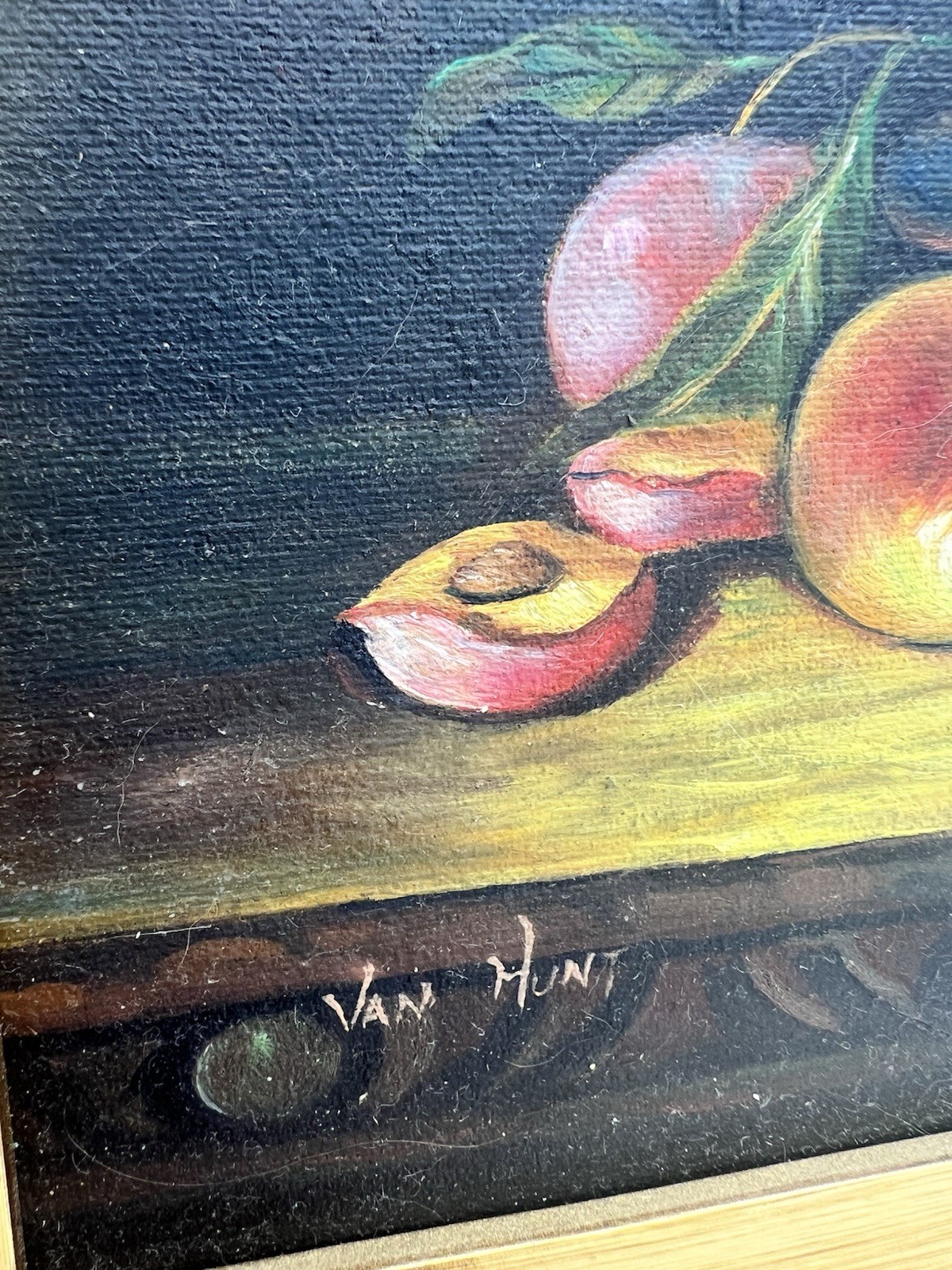 Vintage Signed Van Hunt Still Life Oil Painting Fruit Grapes Wine Glass Framed
