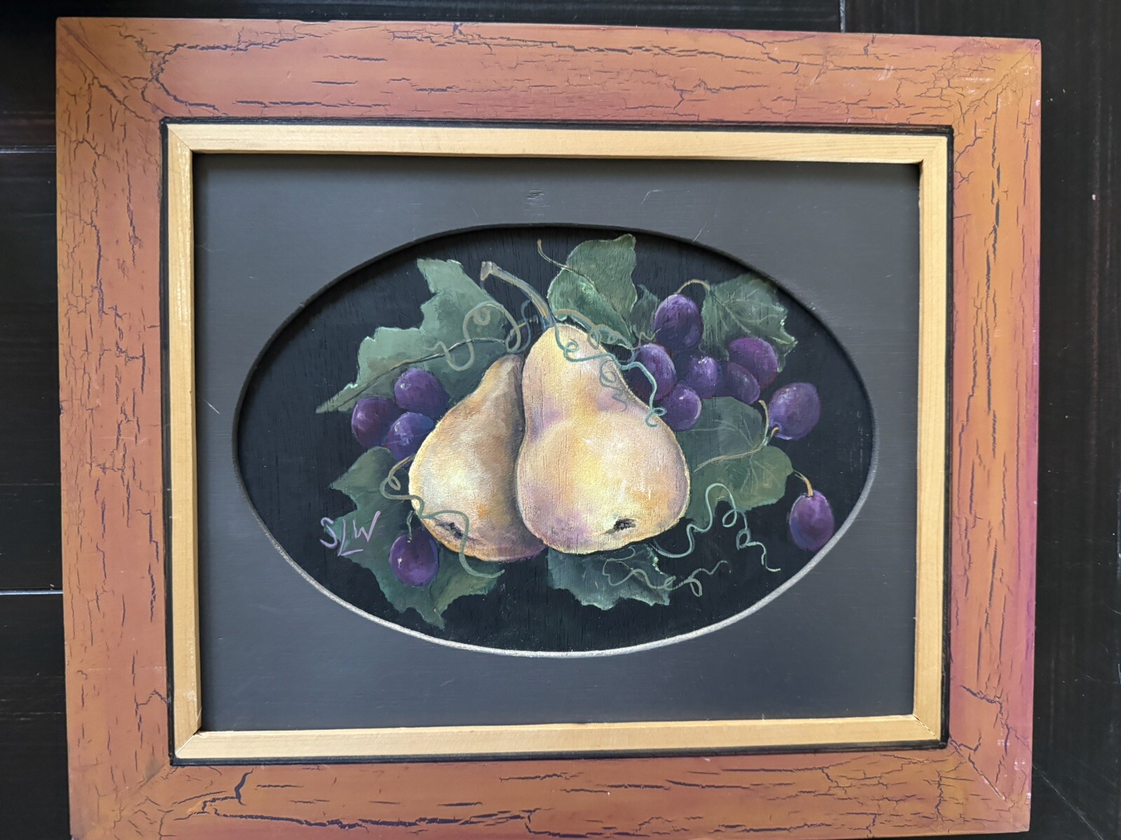 Sharon White Weiser Idaho A PAIR OF PEARS Still Life Painting Framed 11×13 inch