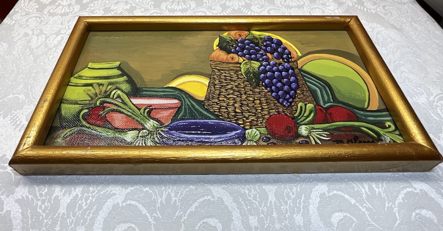 Signed MG Peace Haitian Folk Art FRUIT Acrylic on Board Painting 13” In Frame