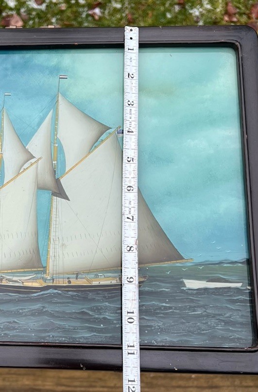 Vintage Framed Chinese Reverse Glass Painting American 2 Masted Schooner Ship
