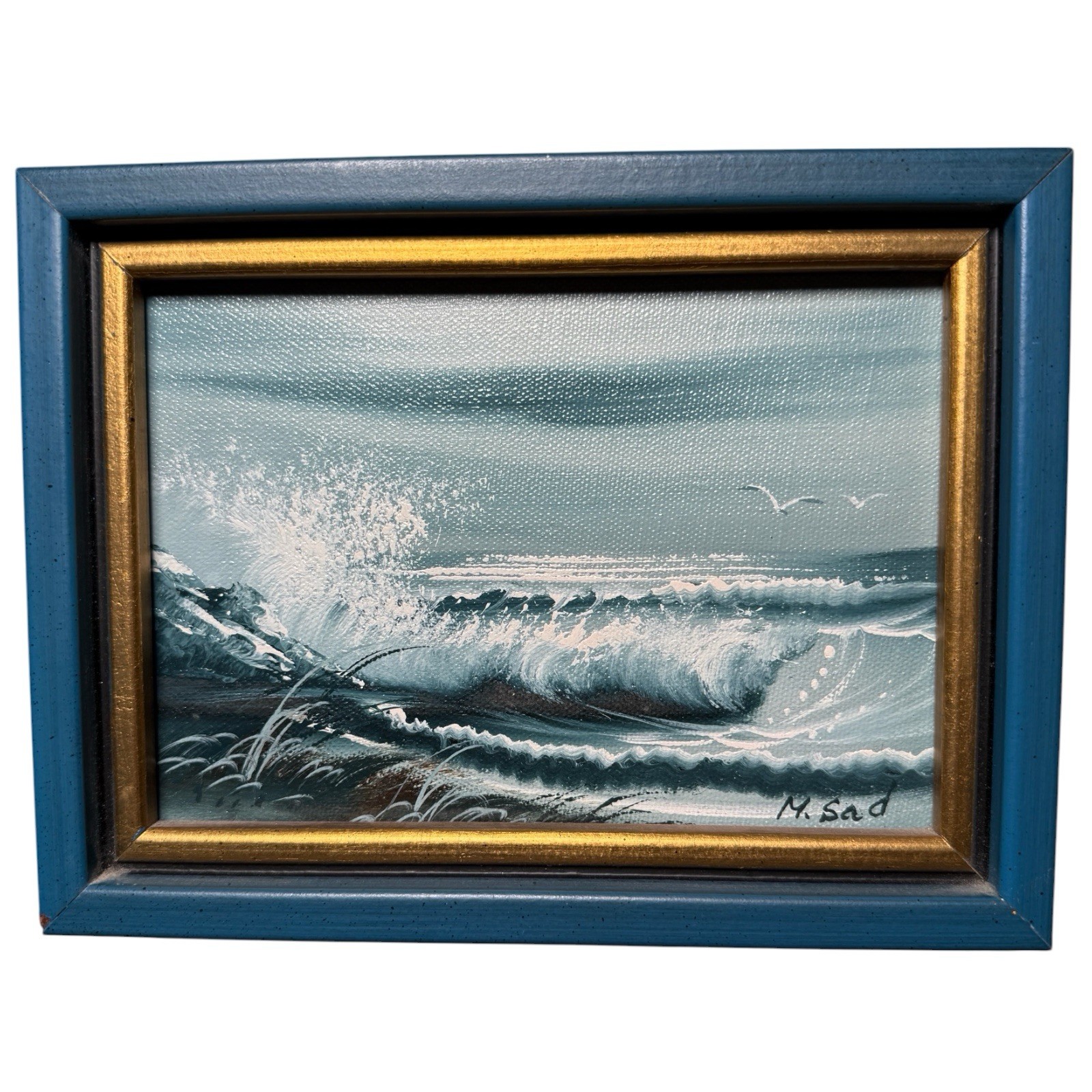 Small ORIGINAL CANVAS BIRDS BEACH SEASCAPE WAVES PAINTING – BLUE – By M Sad