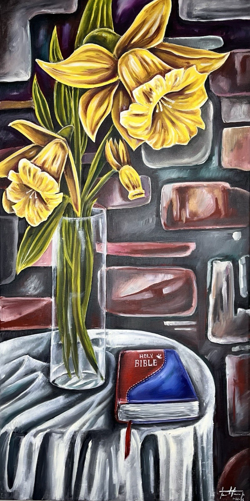 Still Life Painting | Yellow Daffodils & Holy Bible, Contemporary