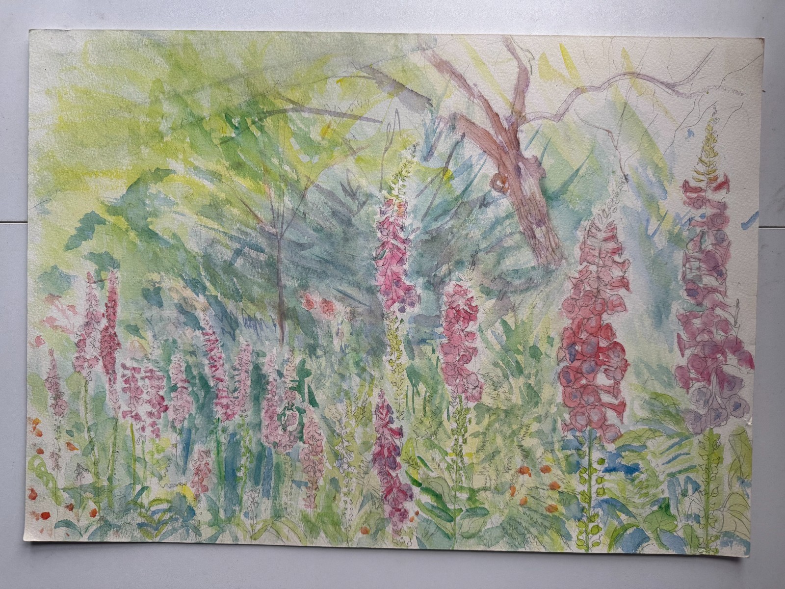 Vintage Watercolor Painting Large Wild Flower Floral Still Life 20 x 14 OOAK
