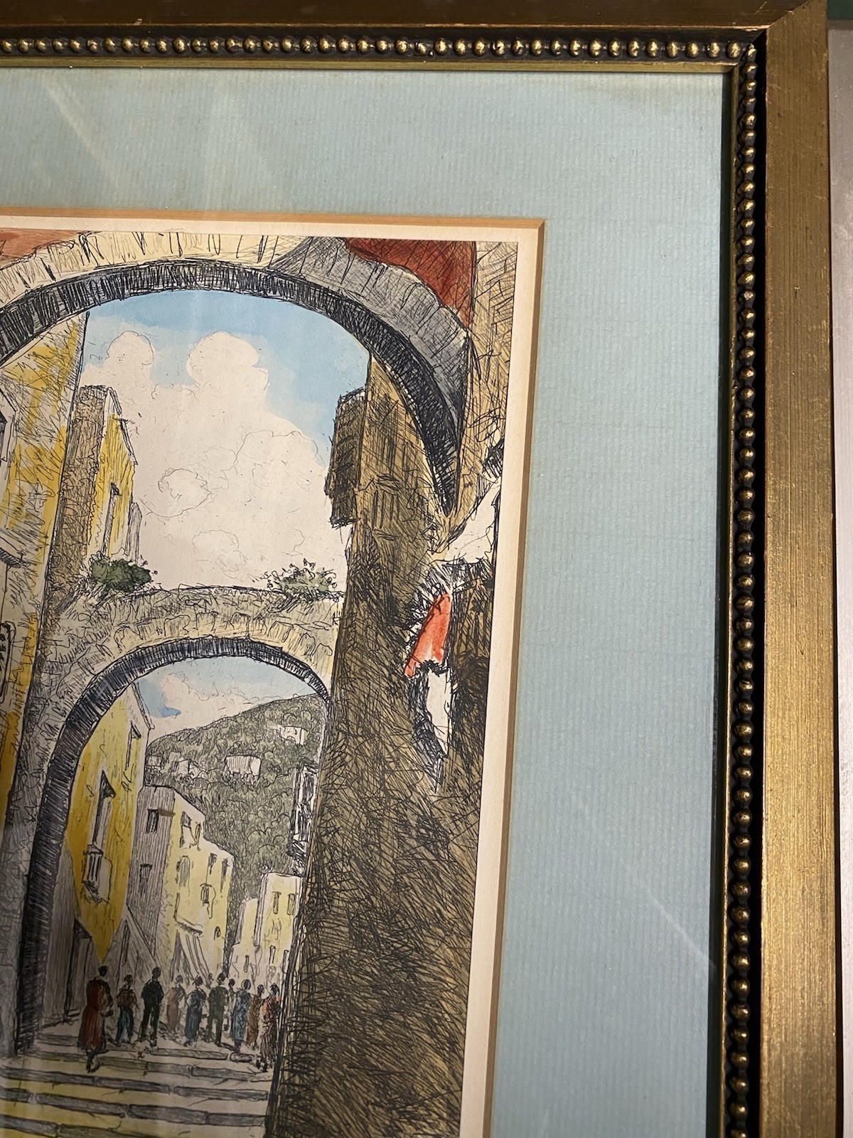 Bela Sziklay Hand Colored Etching Print ‘Napoli’ Framed Matted Signed