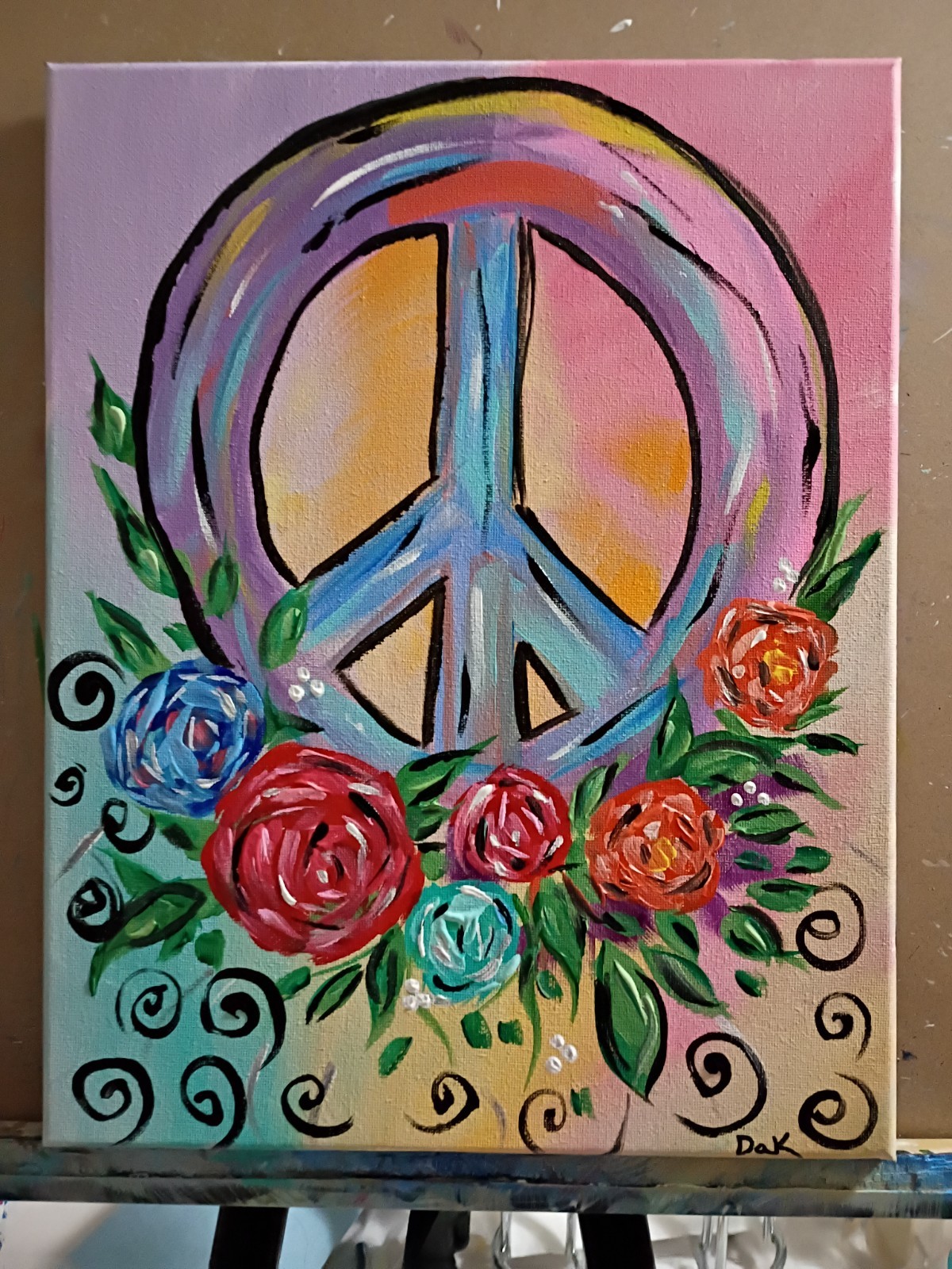 Peace Sign Floral 11×14 Canvas Original Art Expressionism Abstract Boho Hippie