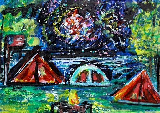 ORIGINAL ACEO Painting CAMPING Tent Fire Trees Fireworks Night Stars ATC ART