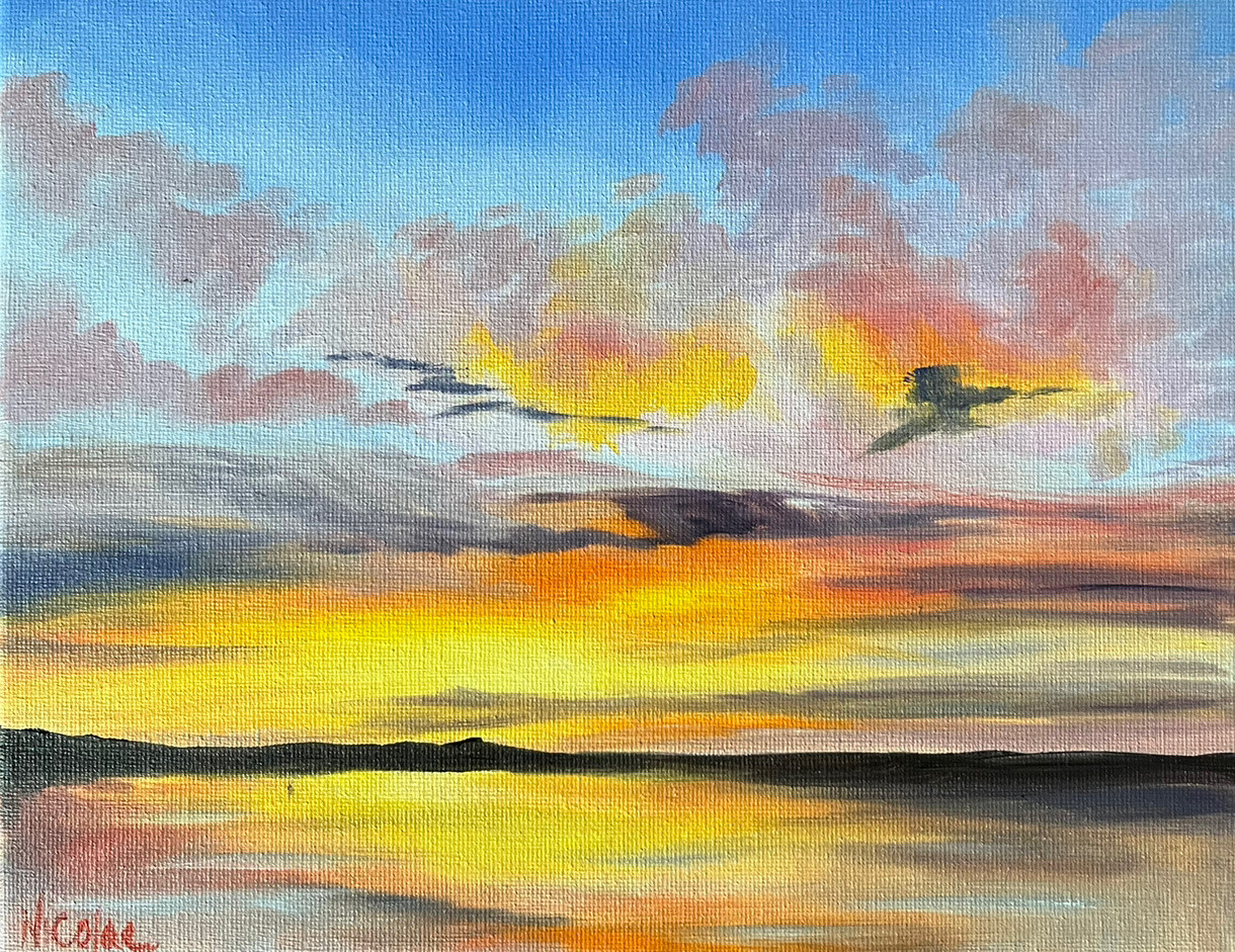 Original Landscape Oil Painting On Canvas Sunrise Ocean Sunset Blues Gold 8×10