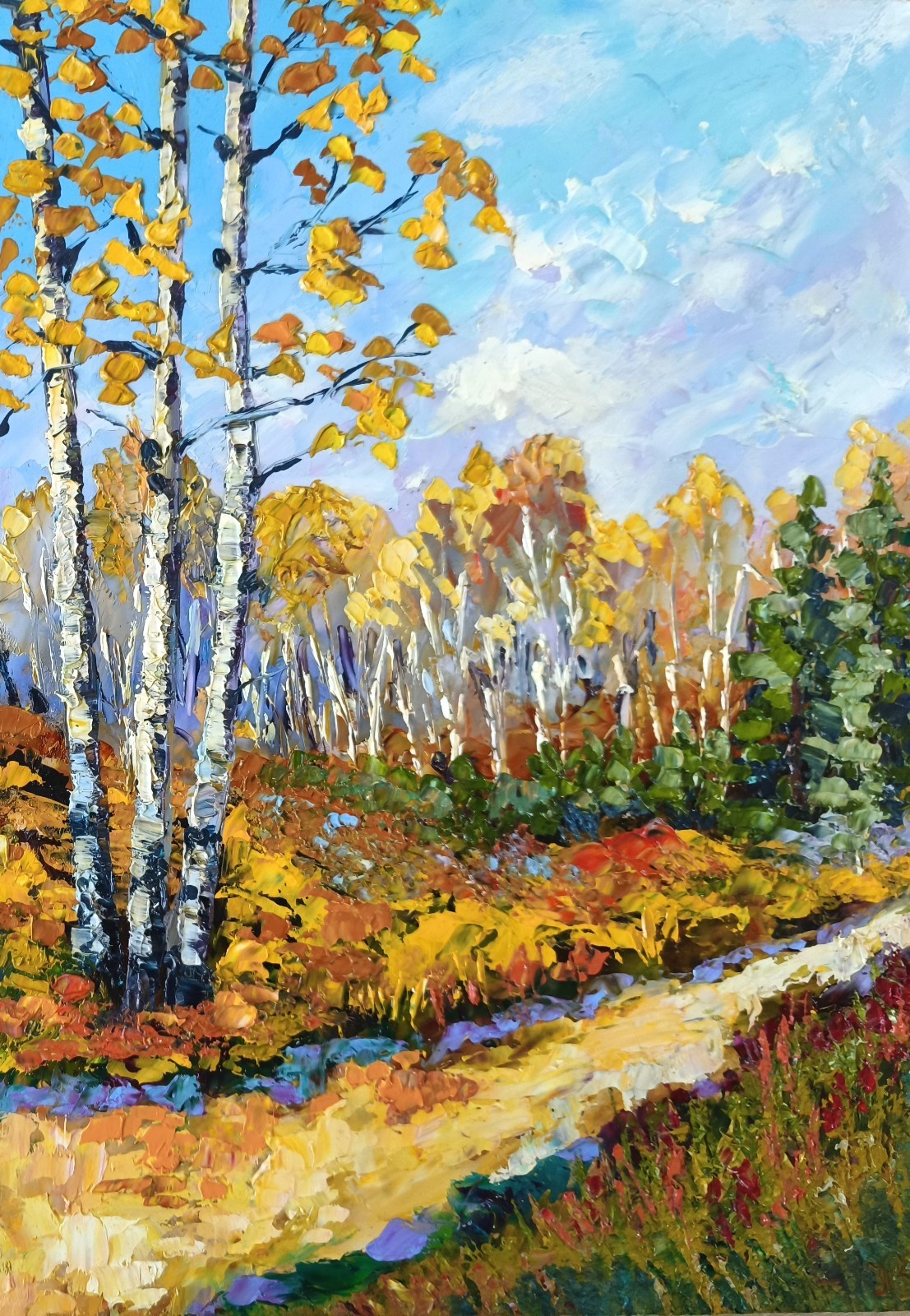 Original Oil Painting Autumn Birch Grove 14x10in Landscape Impasto Artwork