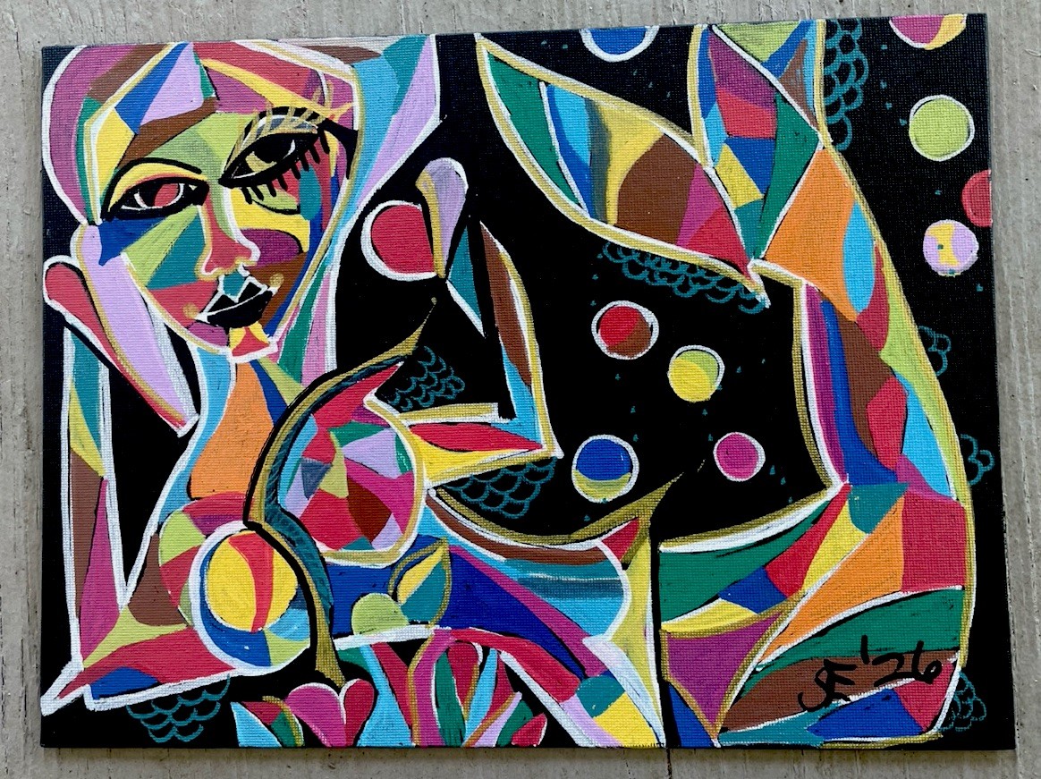 Cubist Abstract Mermaid Painting One Of A Kind Signed and Dated