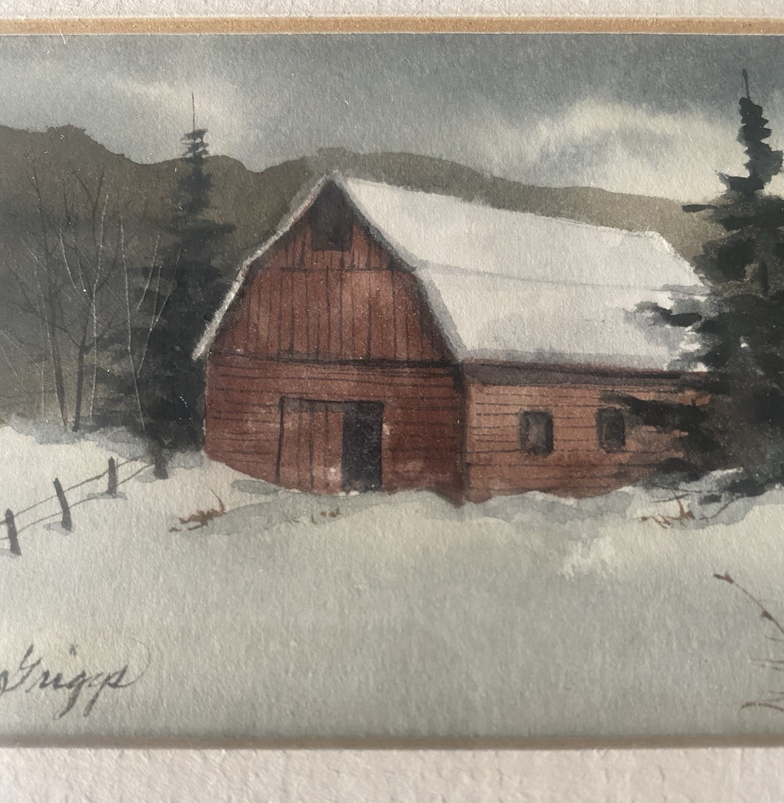 Original Watercolor Framed Matted Winter Red Barn Signed Lorna Griggs