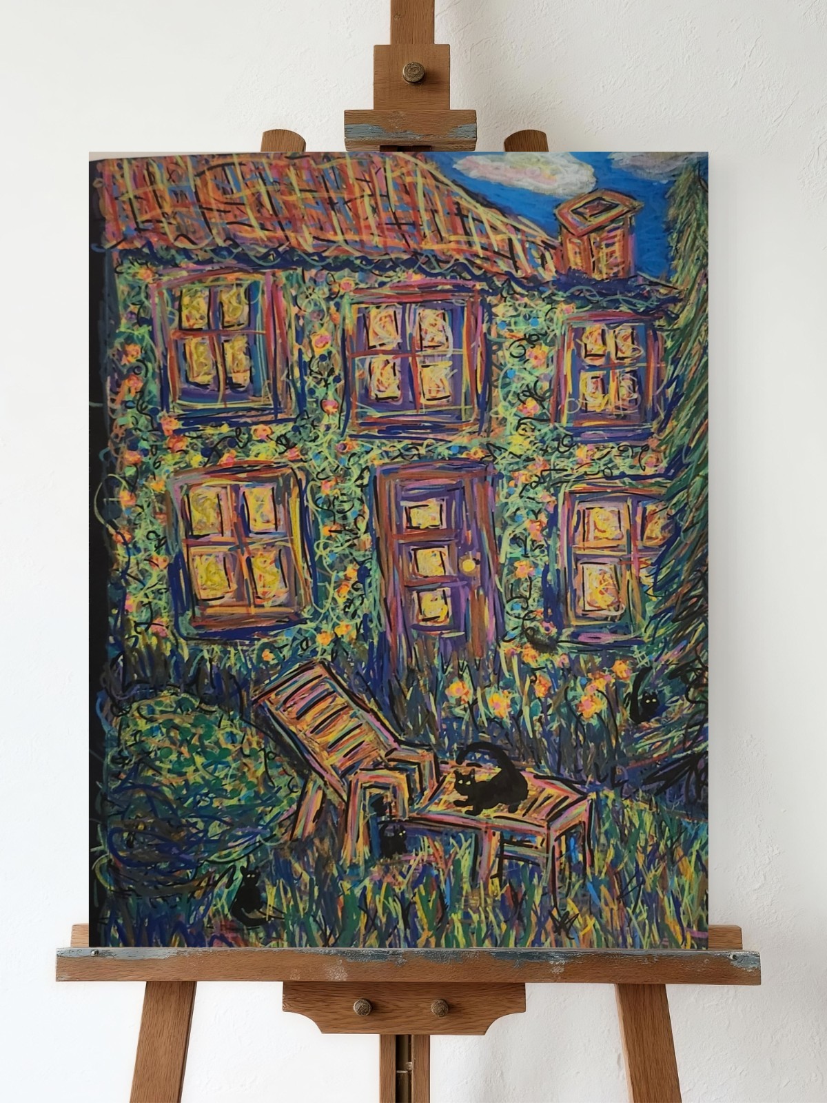 Black Cats In The Garden Impressionist Framed Whimsical 11×14 Acrylic On Paper