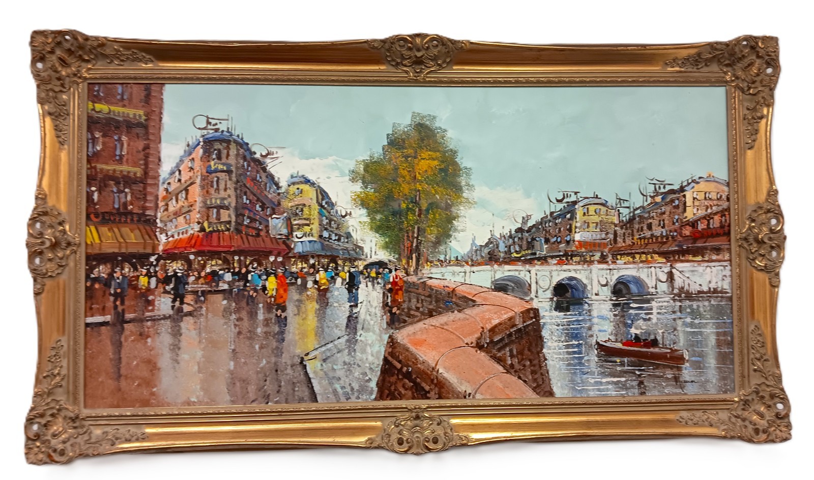 Hollywood Regency Vintage Oil Painting Paris LARGE Gold Ornate frame 54″x 33″