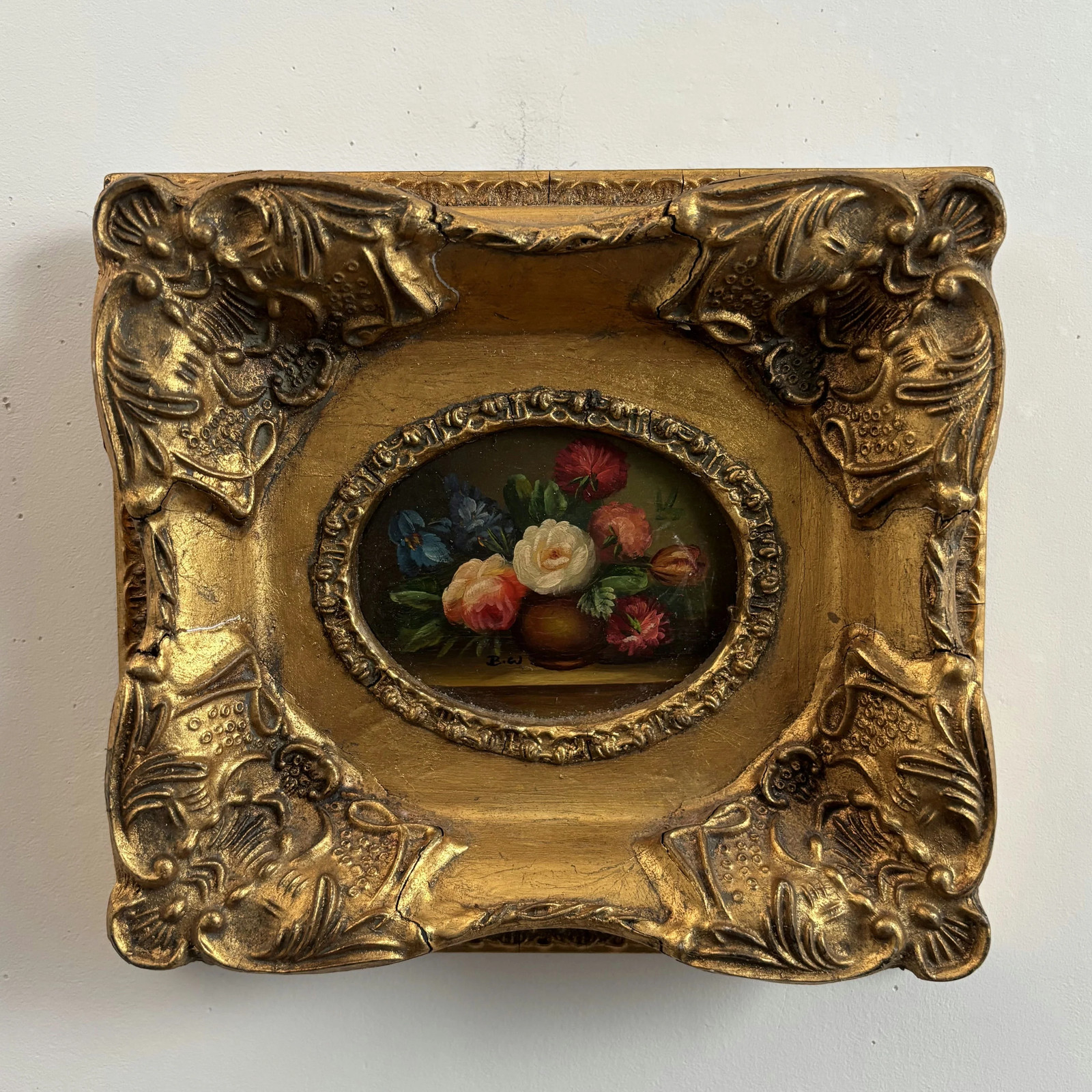 Traditional Floral Still Life Oil Painting «Gilded Frame» Refined Small Artwork