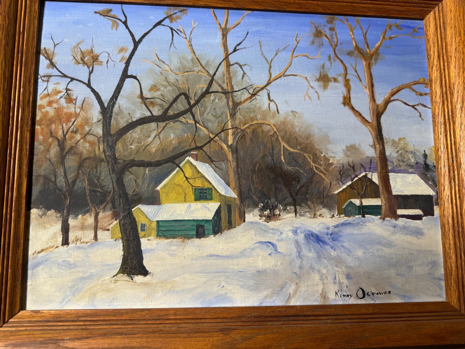 Kerry Osipower «Winter Landscape With Homes Scene» Oil Painting – Signed/Framed