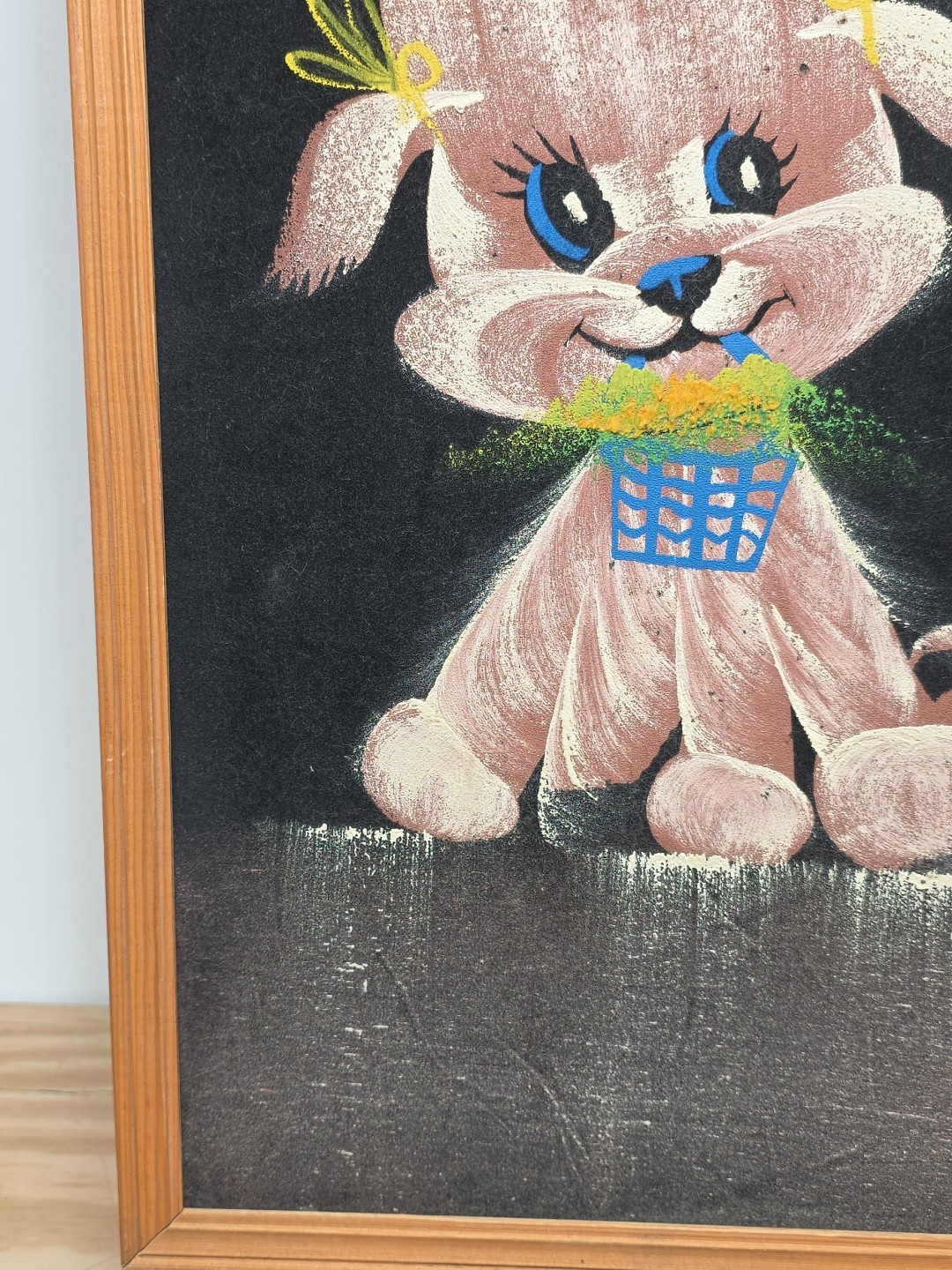 Vintage Velvet Painting Frame Dog Pink Poodle Kitsch Basket & Bow’s 70s Retro