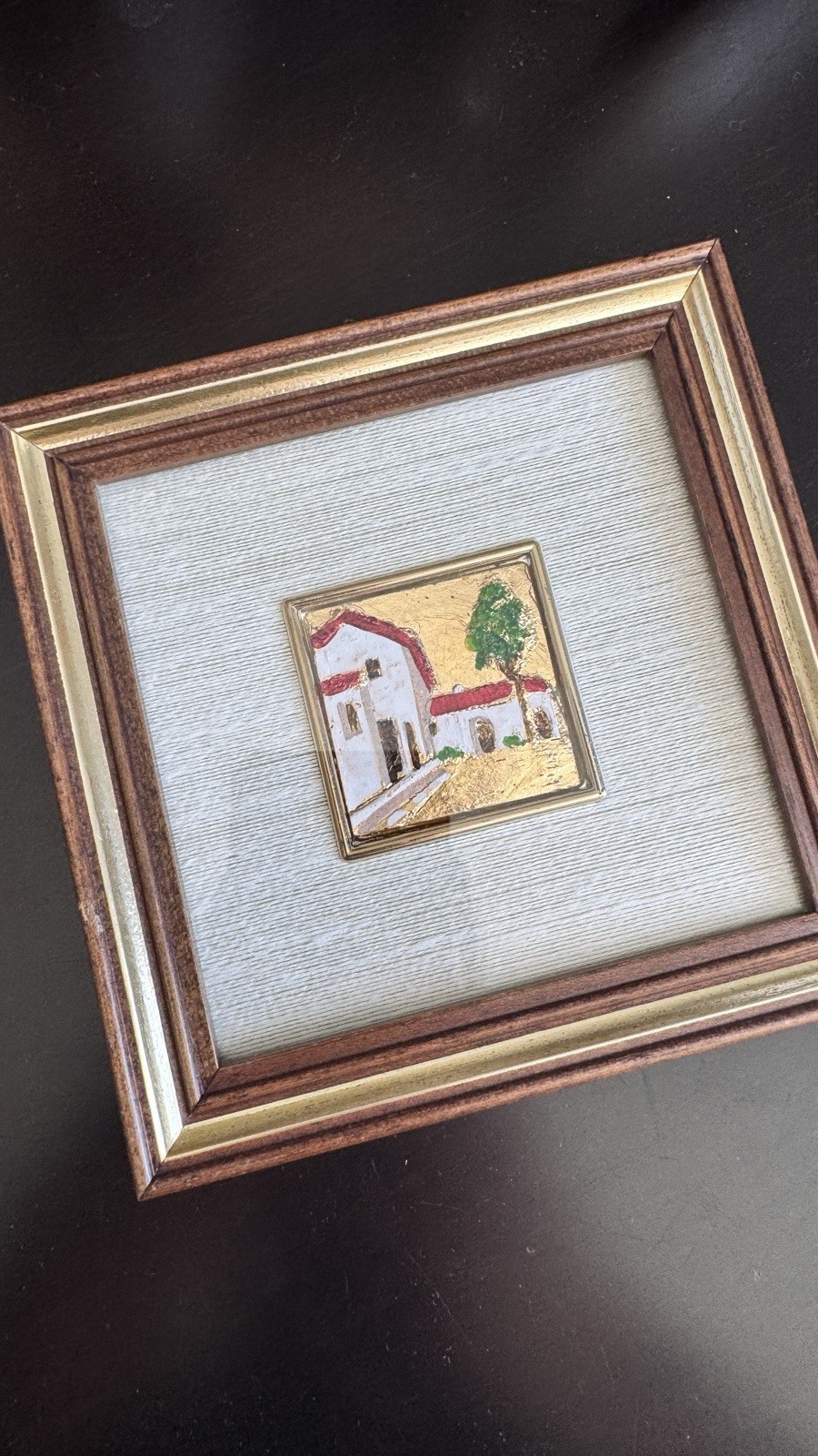 VTG Italian Mixed Media 22K Gold Leaf Enamel Painting Miniature Plaque Framed