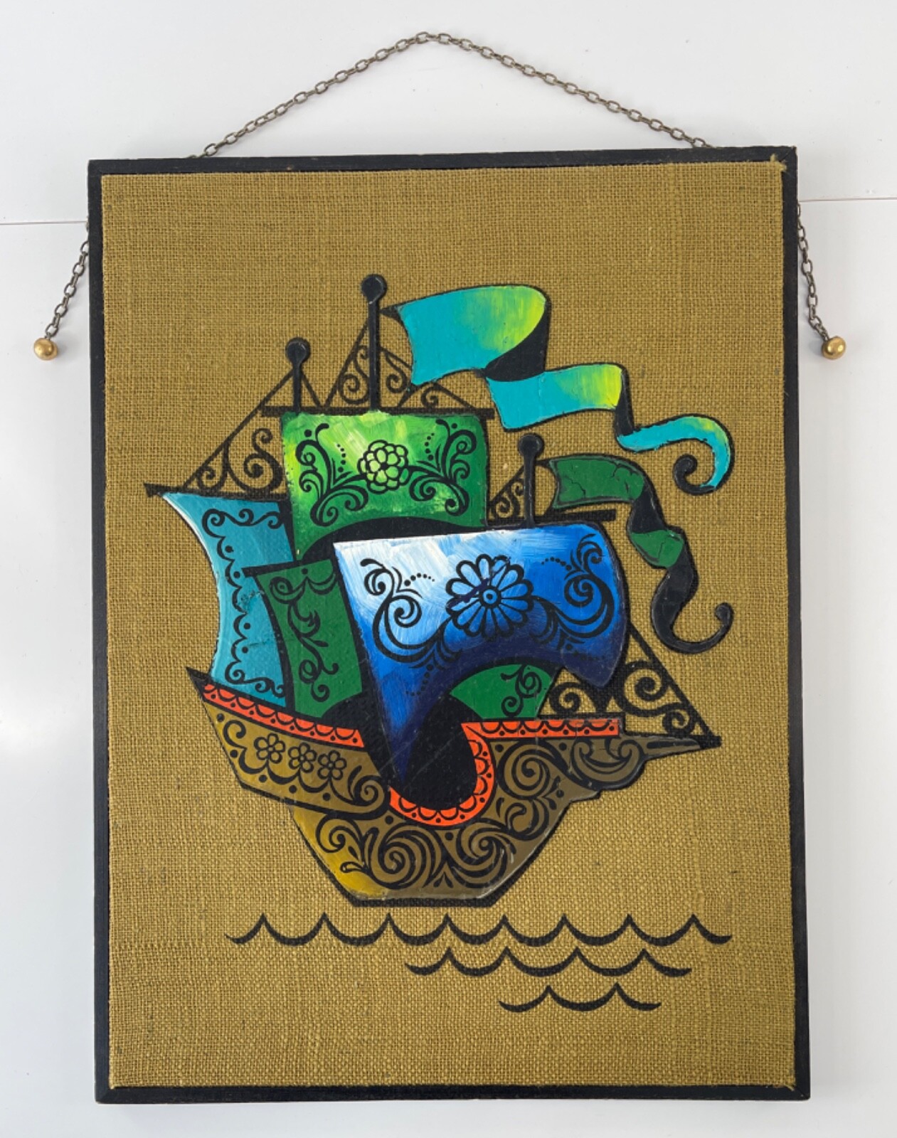 Burlap Applique Painting Sailing Ship Nautical Nova Art & Design VTG Wall Art