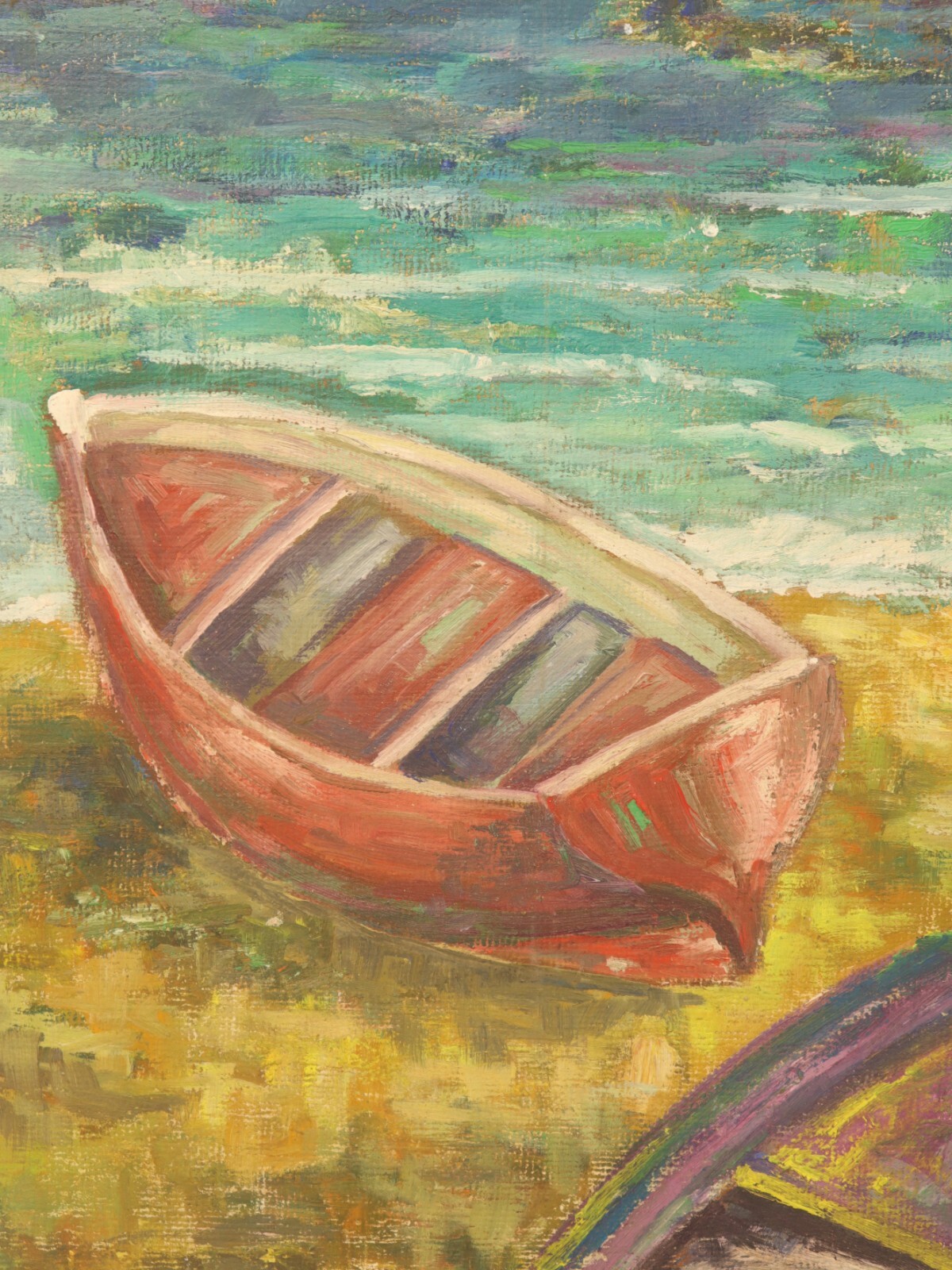Seaside Tranquility Rare Oil Painting on Canvas Boats On Shore Coastal Landscape