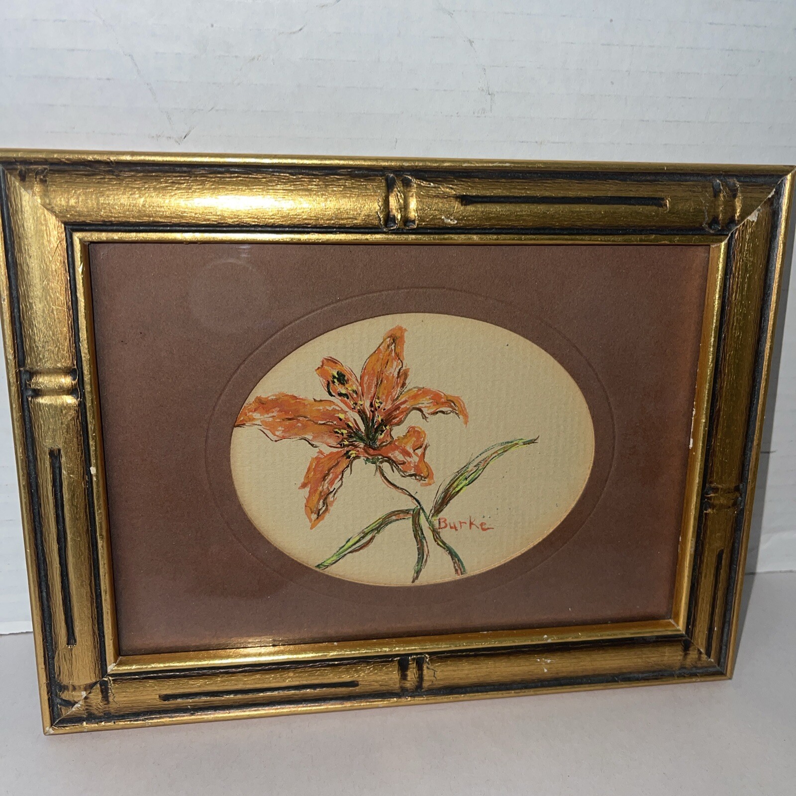 Lily Flower Painting Watercolor Gold Gilt Framed Signed 8.5×6.5” Vintage