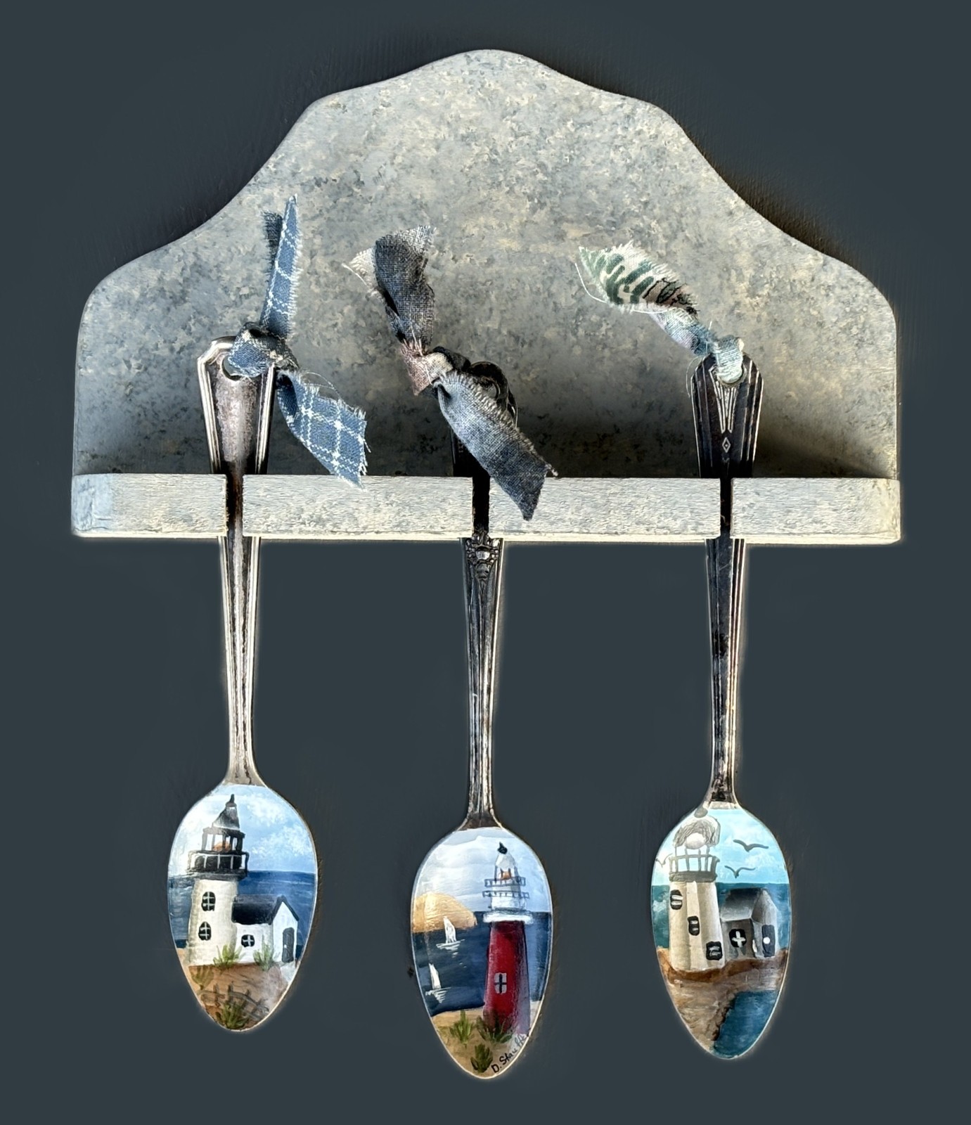 Set of 3 Handpainted Spoons With Lighthouses and Hanging Rack – by D Stauffer