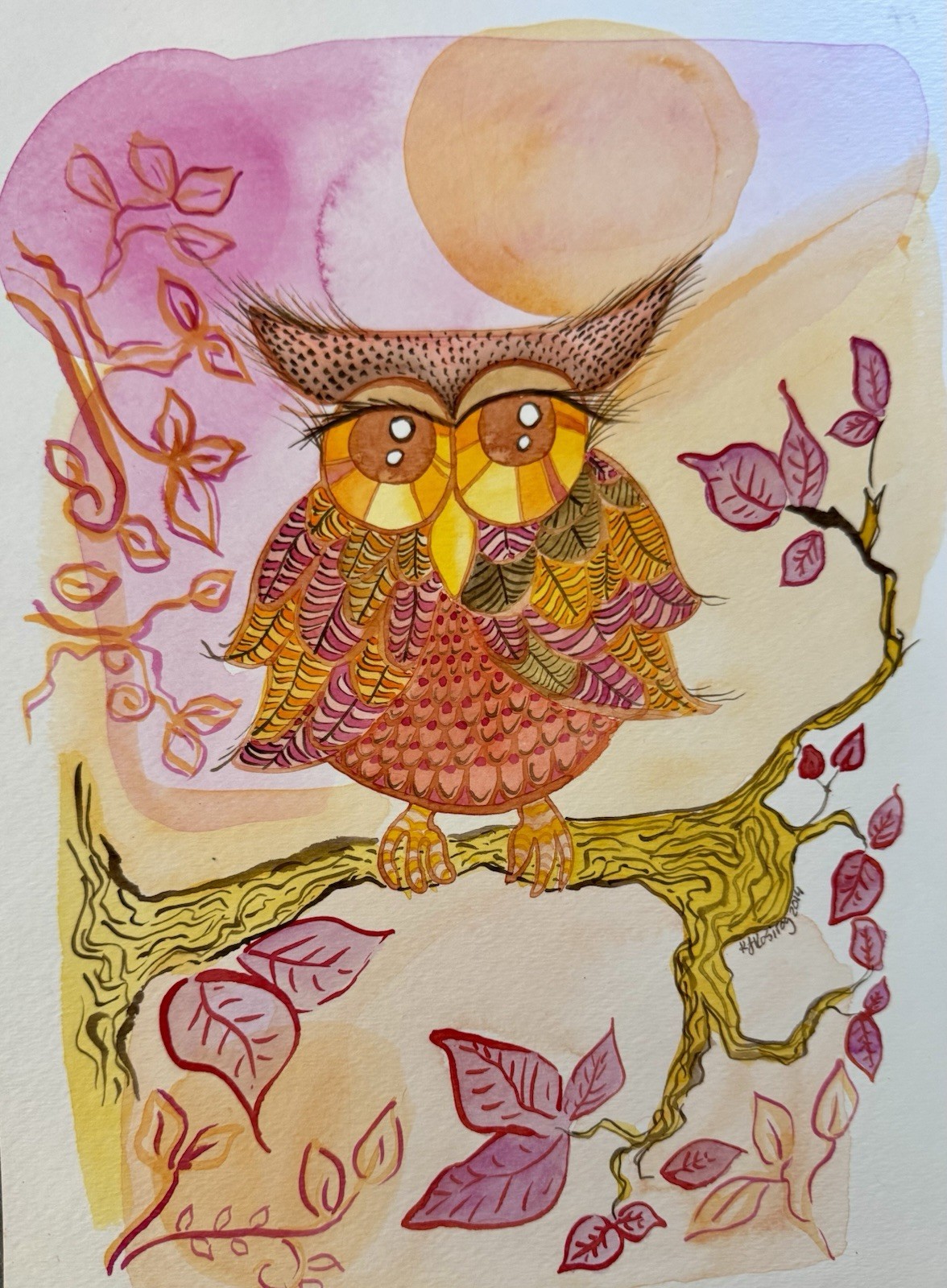 Owl Painting pink and orange modern folk outsider original art cottagecore