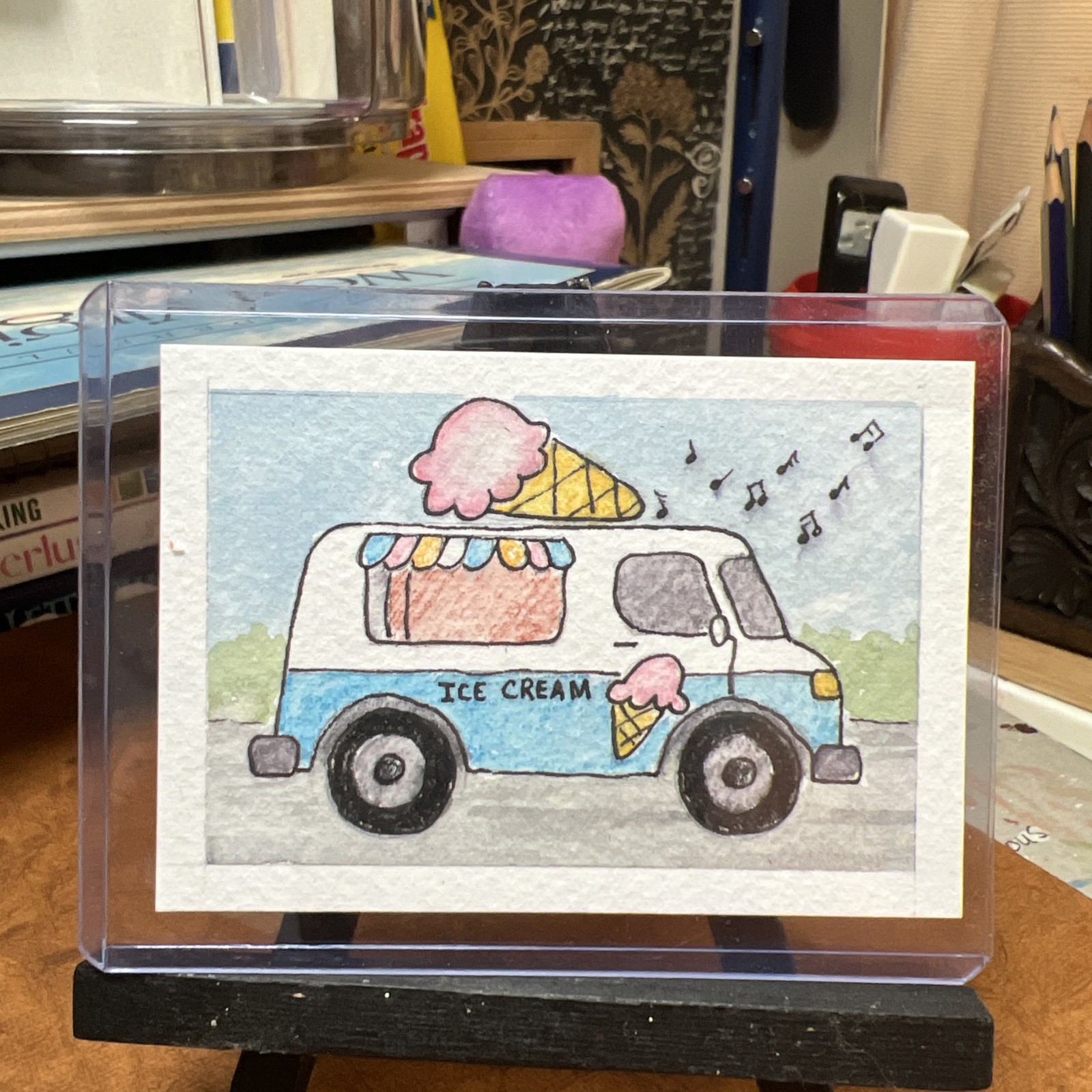 ACEO/ATC Original Painting 2.5 x 3.5 In., Watercolor Ice Cream Truck Art Card