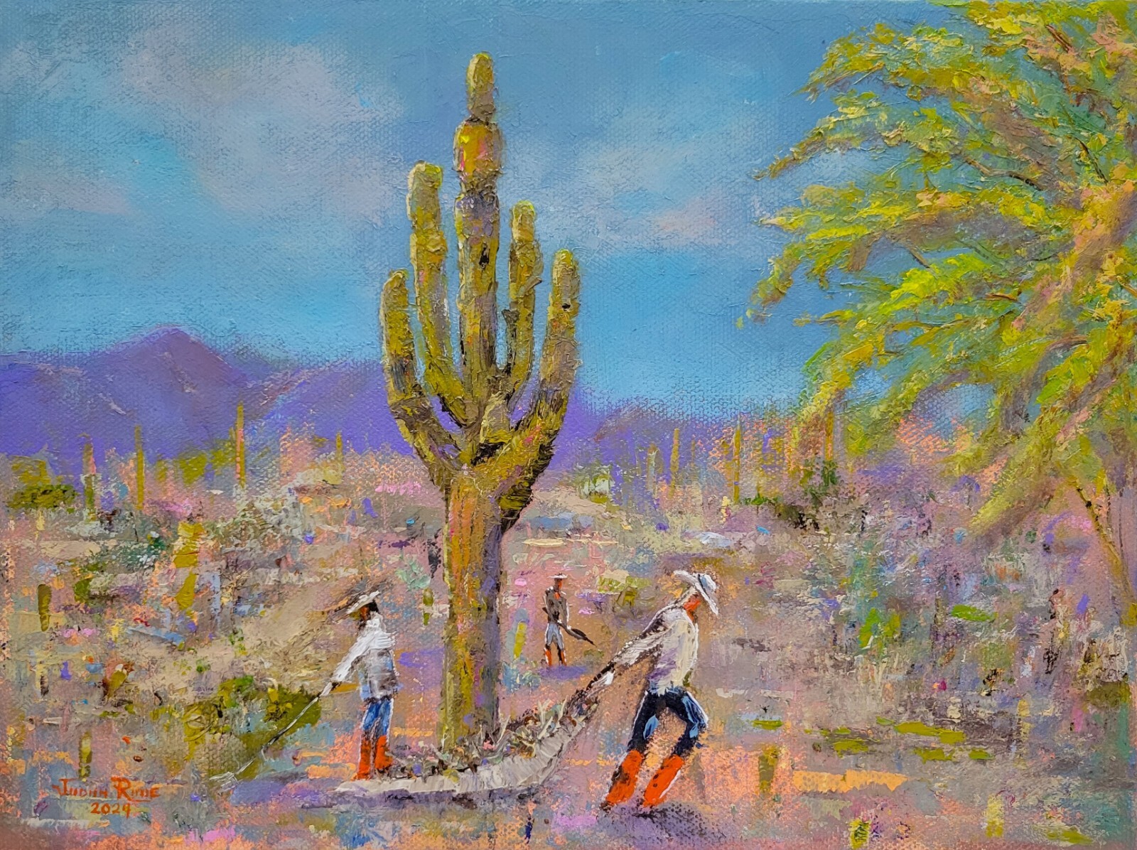 Original oil painting desert landscape Arizona Saguaro cactus figures southwest