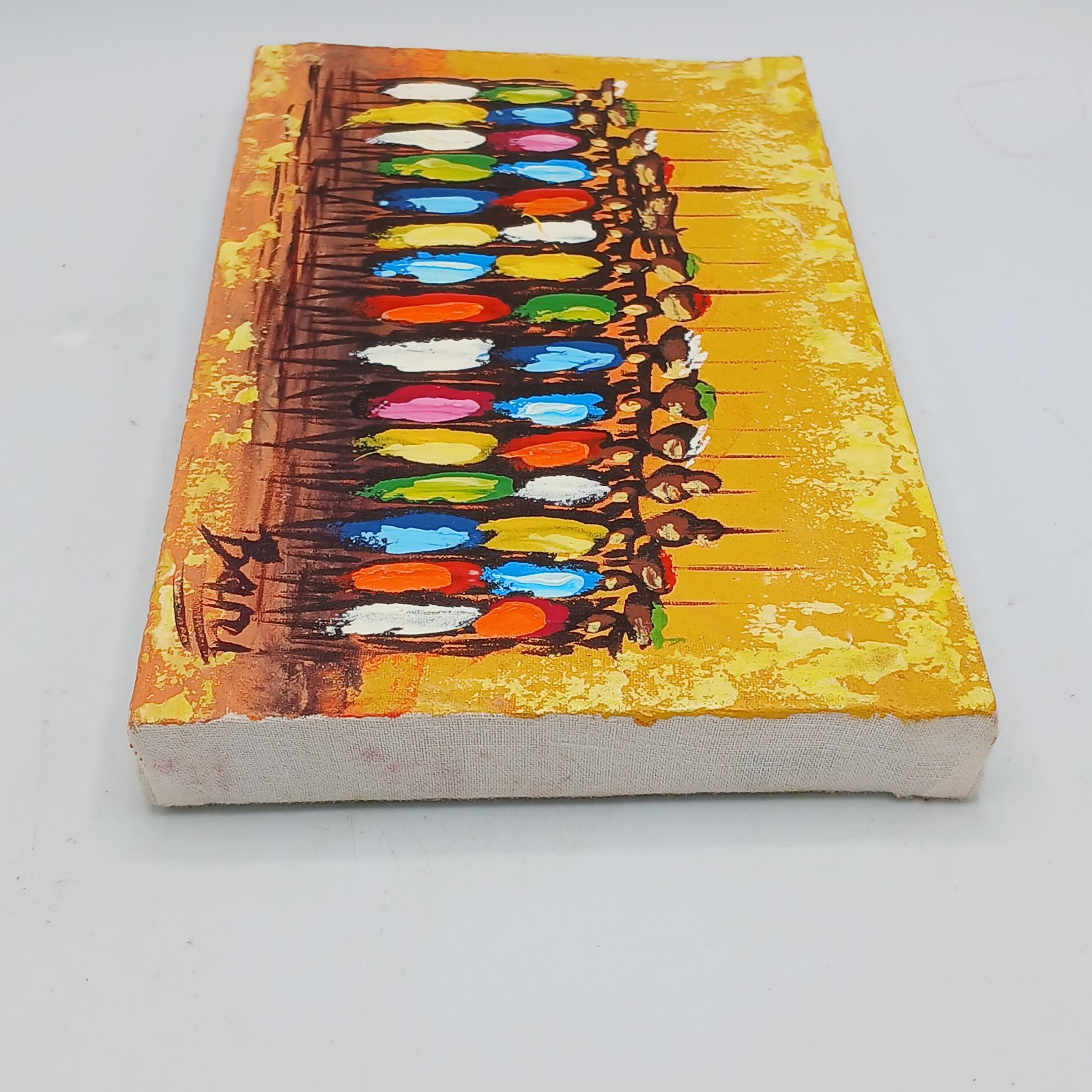 African Tribal Scene Painting Colorful Figures on Textured Board Luanda Angola