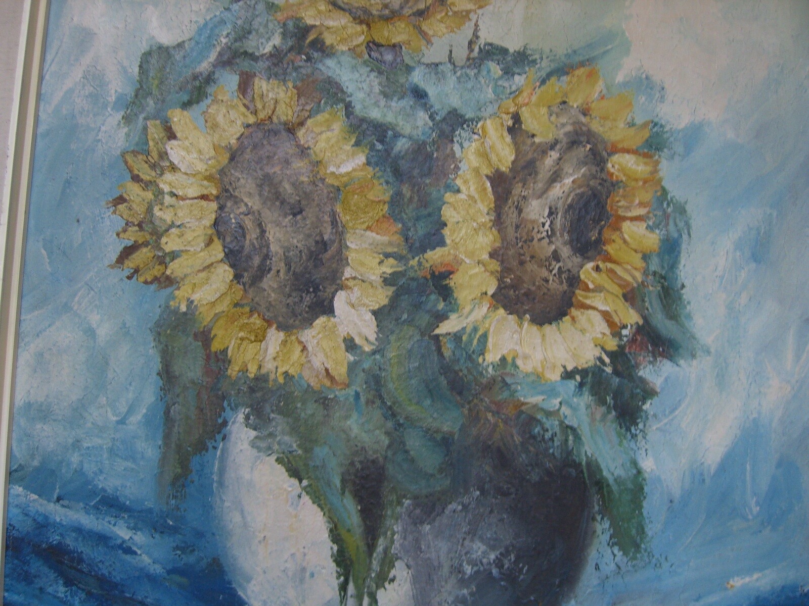 Unclearly Signed Sunflower Vase Blue Money Blossoms Seeds Roses Red Antique