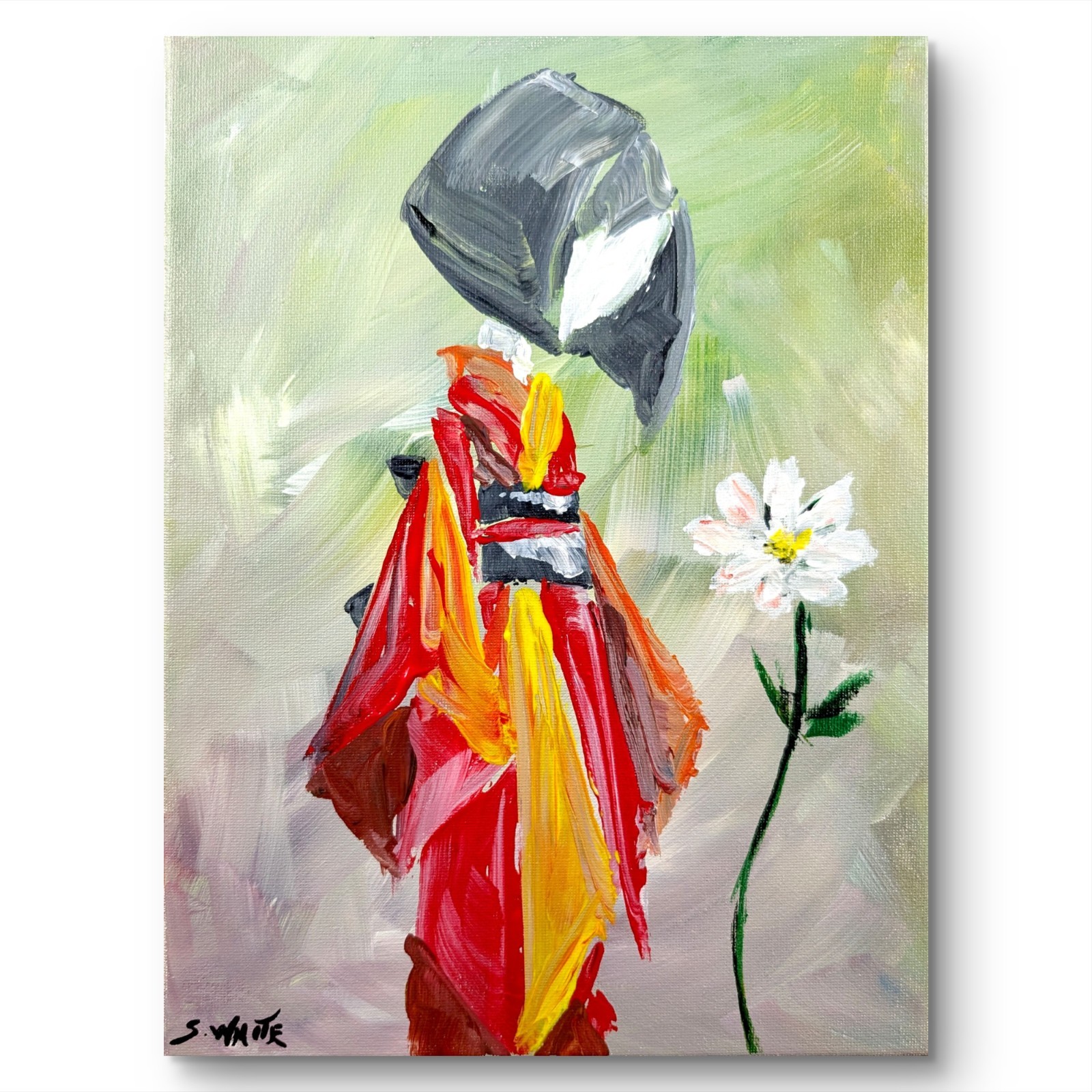 Geisha Painting 9×12 Expressionist Abstract Japanese Red Canvas Wall Art SWhite