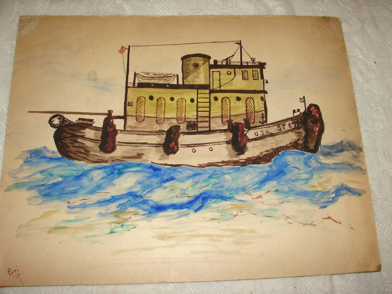 Watercolor Painting Ship USA ST 671 on 1950 era Ohio Wesleyan University Poster