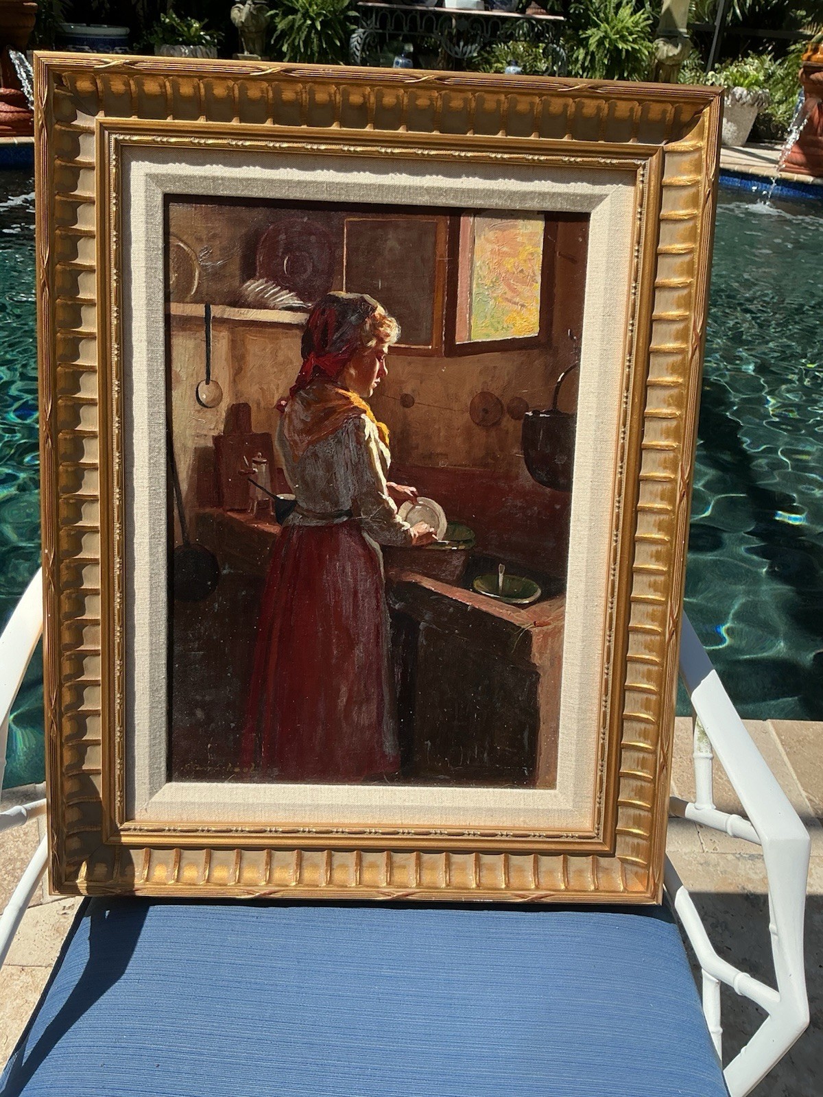 Vtg European Wood Panel Oil Painting Dutch Interior Scene Waning Dishes Signed