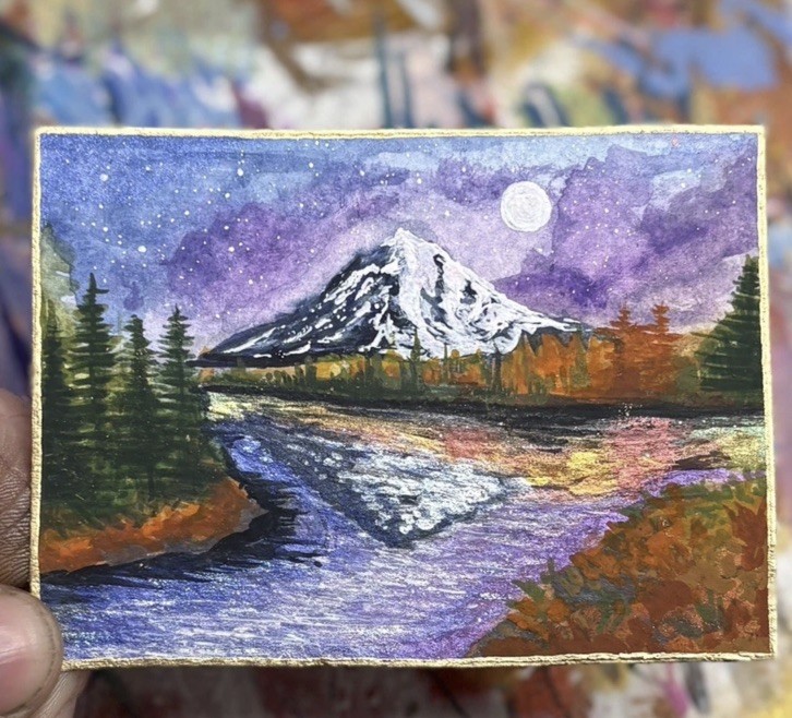 Grand Teton print of original ACEO ATC mini art watercolor painting on paper