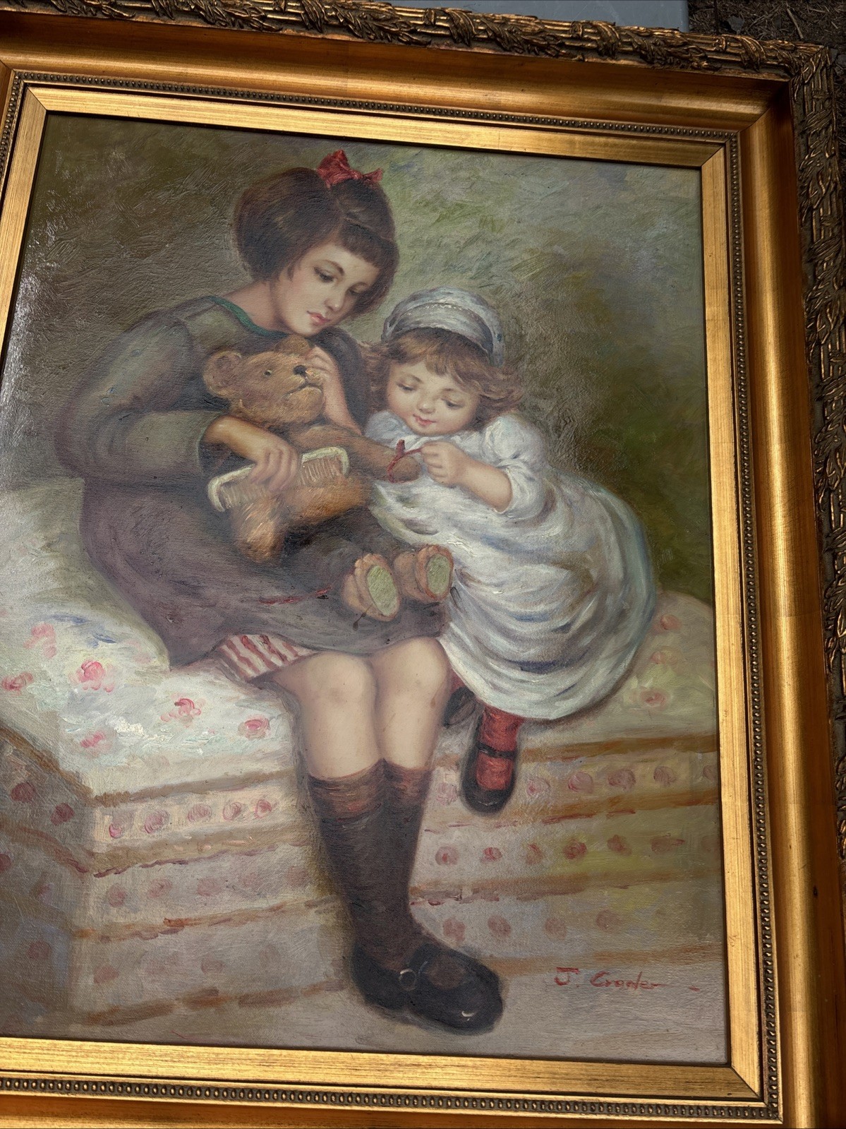 Vintage Collectible Framed Art canvas print Combing Teddy Bear 32 X 38